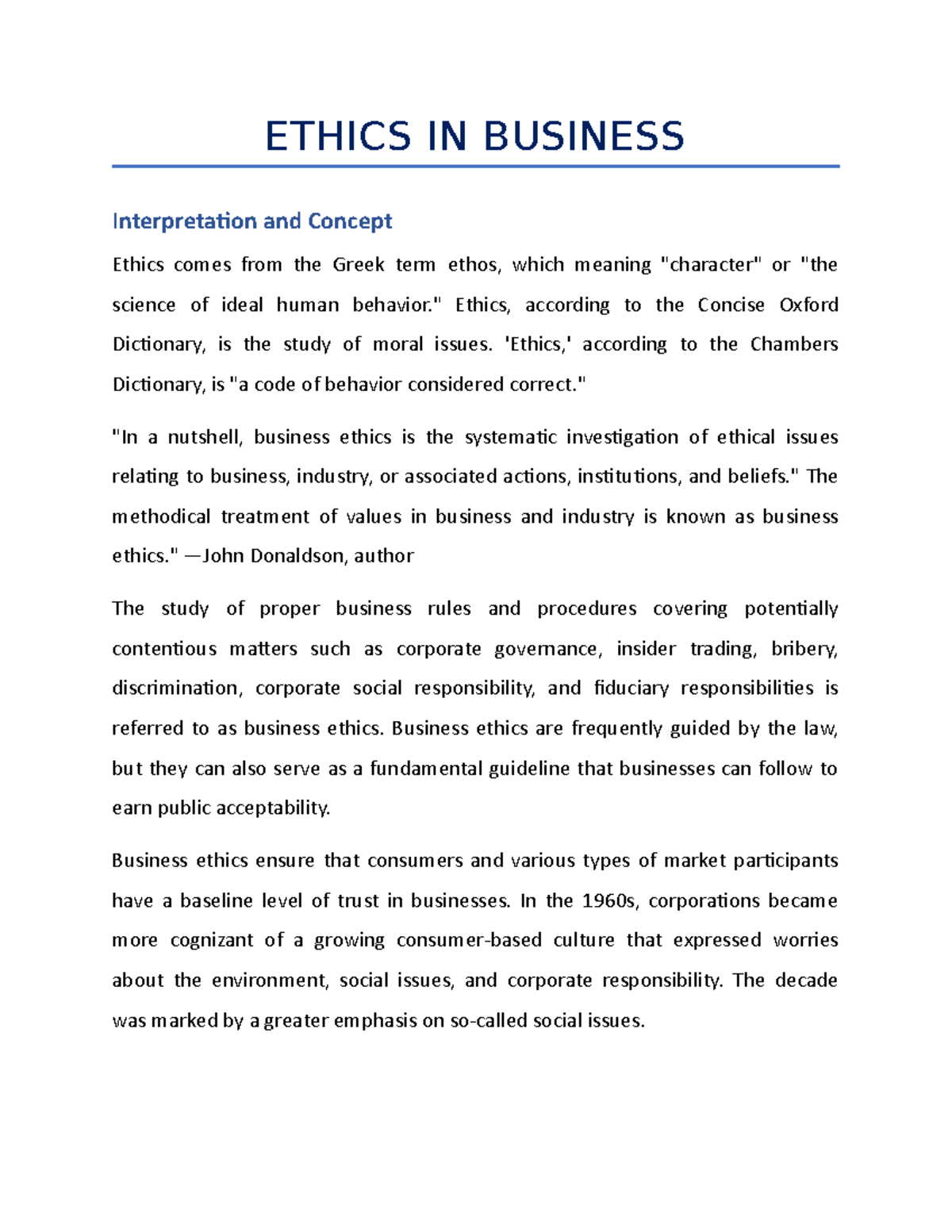 NOTE ON Ethics IN Business - ETHICS IN BUSINESS Interpretation And ...