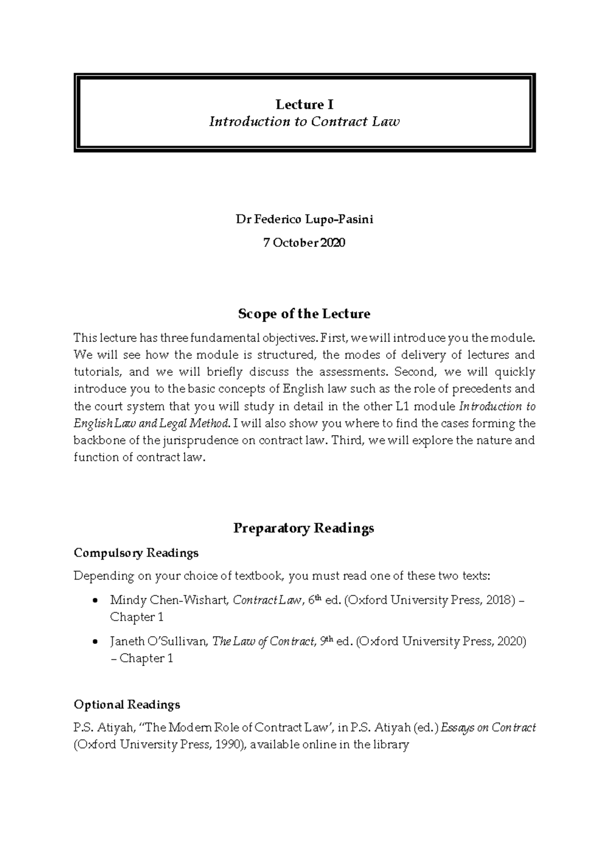 Lecture 1 Introduction To Contract Law Lecture I Introduction To Contract Law Dr Federico Lecture 1 Introduction To Contract Law Lecture I Introduction To Contract Law Dr Federico
