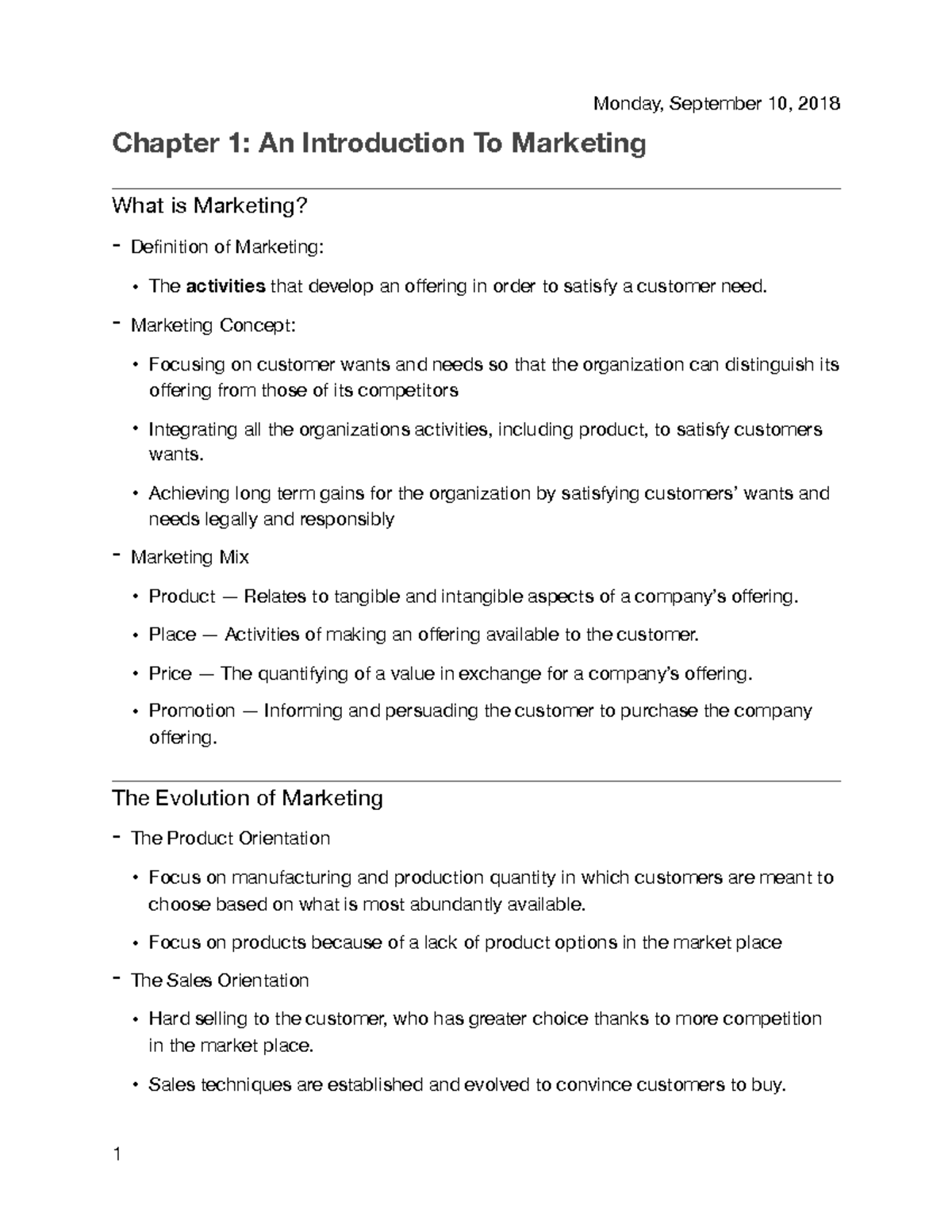 Chap 1 - Intro To Marketing - Monday, September 10, 2018 Chapter 1: An ...