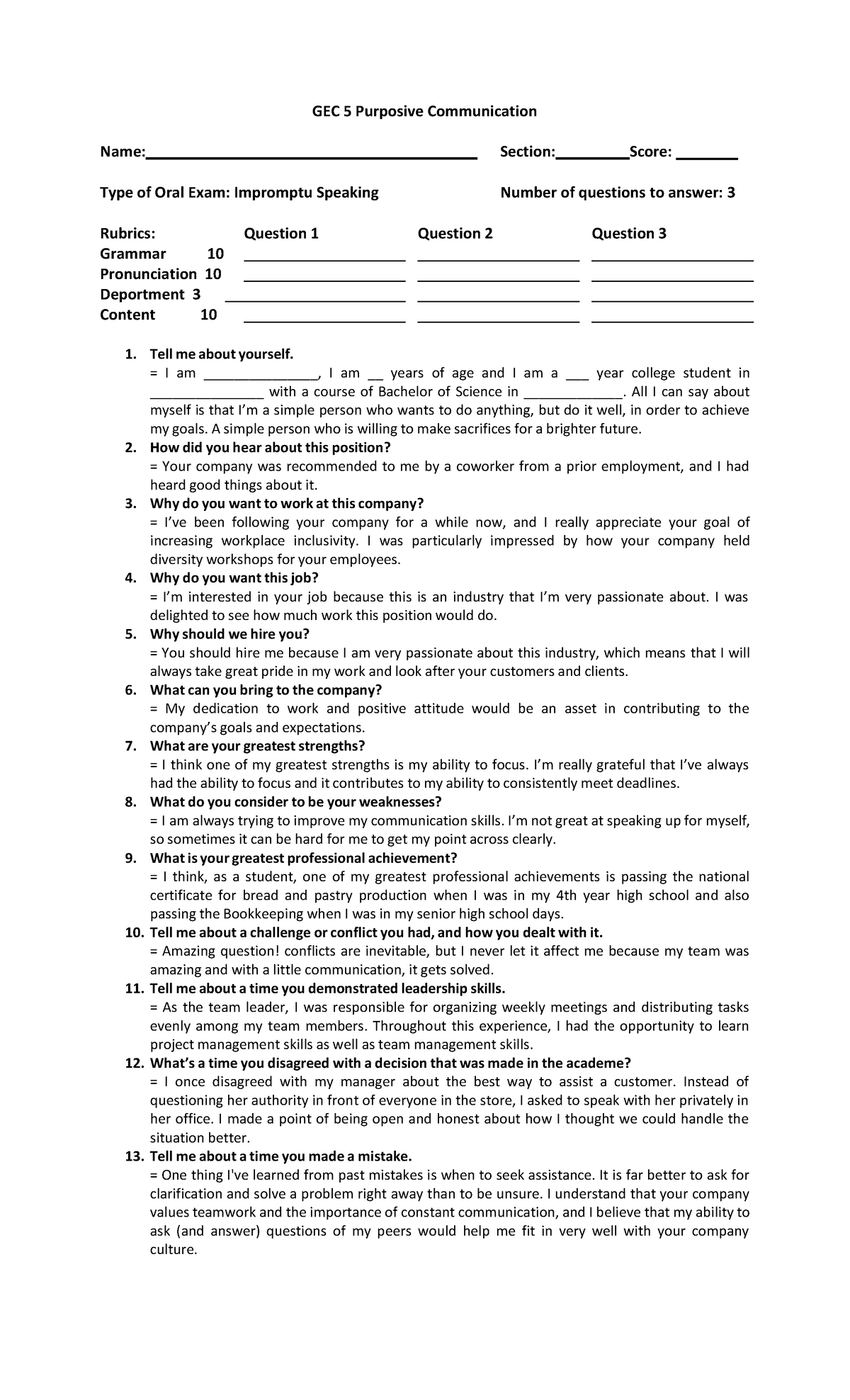 Guide Questions In Purcom - Gec 5 Purposive Communication Name: Section 