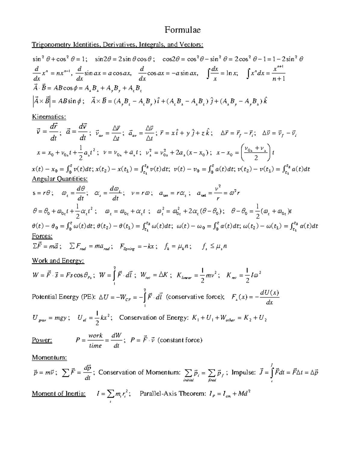 Equation Sheet Fe 141 Phys 142 Uic Studocu