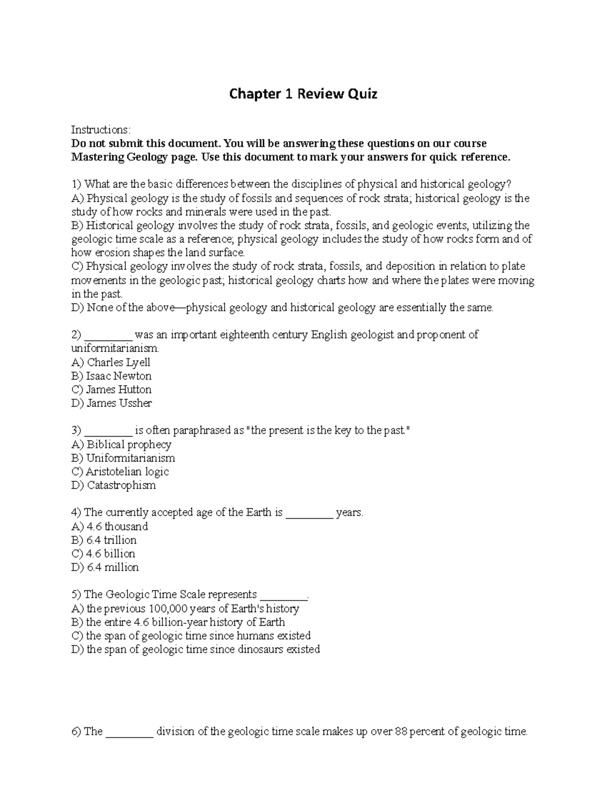 Chapter 1 Review Quiz - Chapter 1 Review Quiz Instructions: Do Not ...