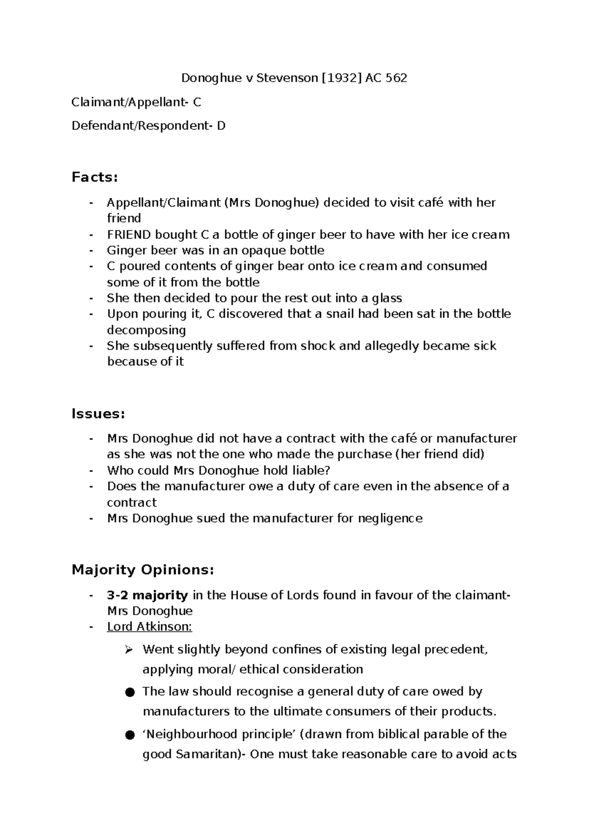 W9- Donoghue v Stevenson - Donoghue v Stevenson [1932] AC 562 Claimant ...
