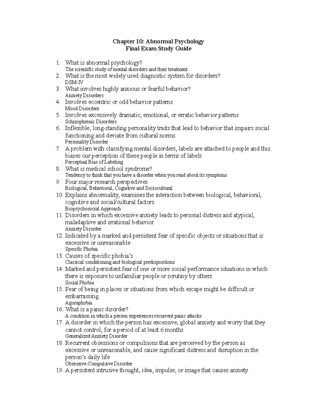 Chapter 10 - Chapter 10: Abnormal Psychology Final Exam Study Guide ...