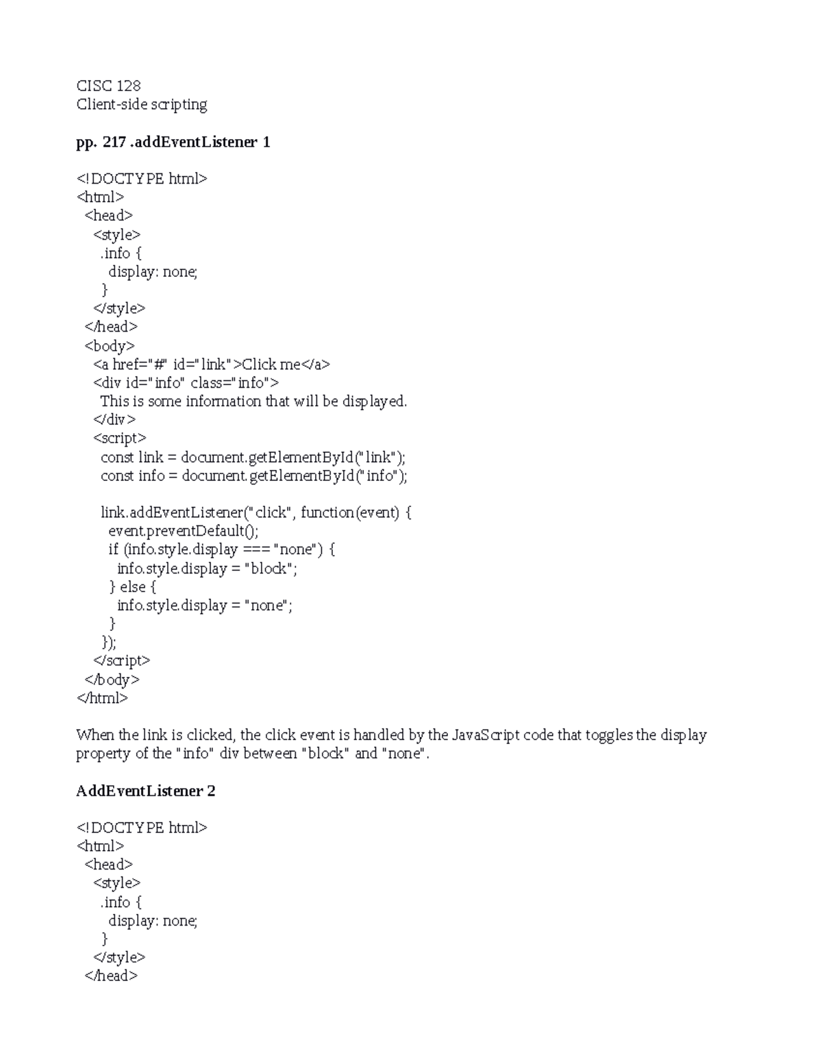 CISC 128 addeventlistener 1 and 2 - CISC 128 Client-side scripting pp ...