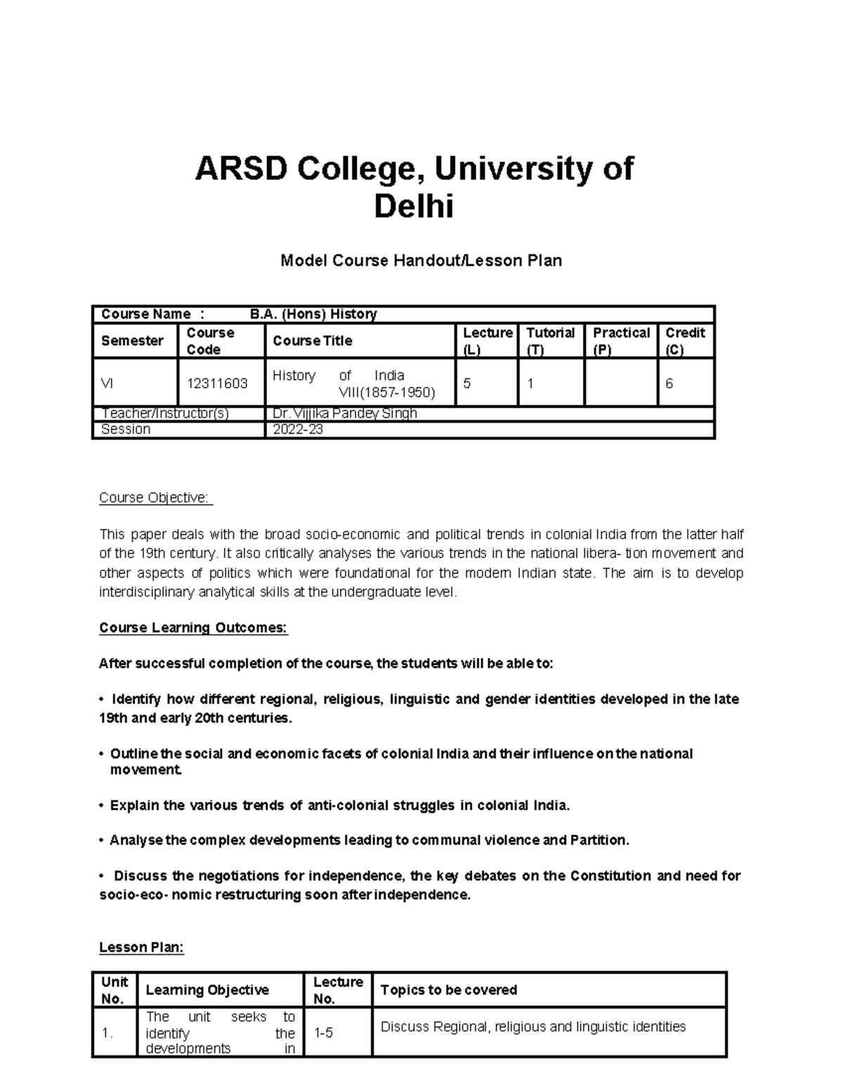 History of India VIII 1857 1950 Theory - ARSD College, University of ...