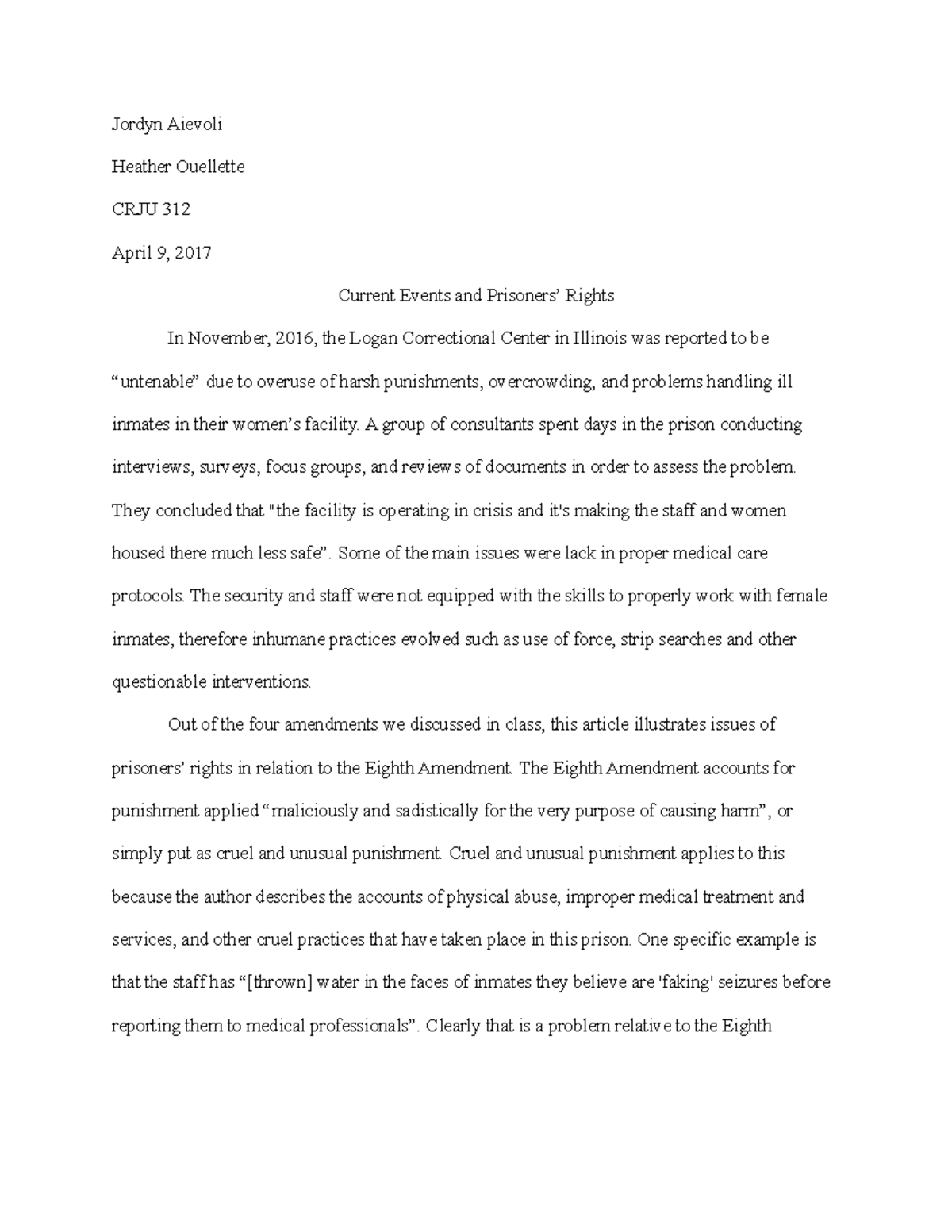 Crju Current Events Assignment Jordyn Aievoli Heather Ouellette CRJU 312 April 9 2017 Current 