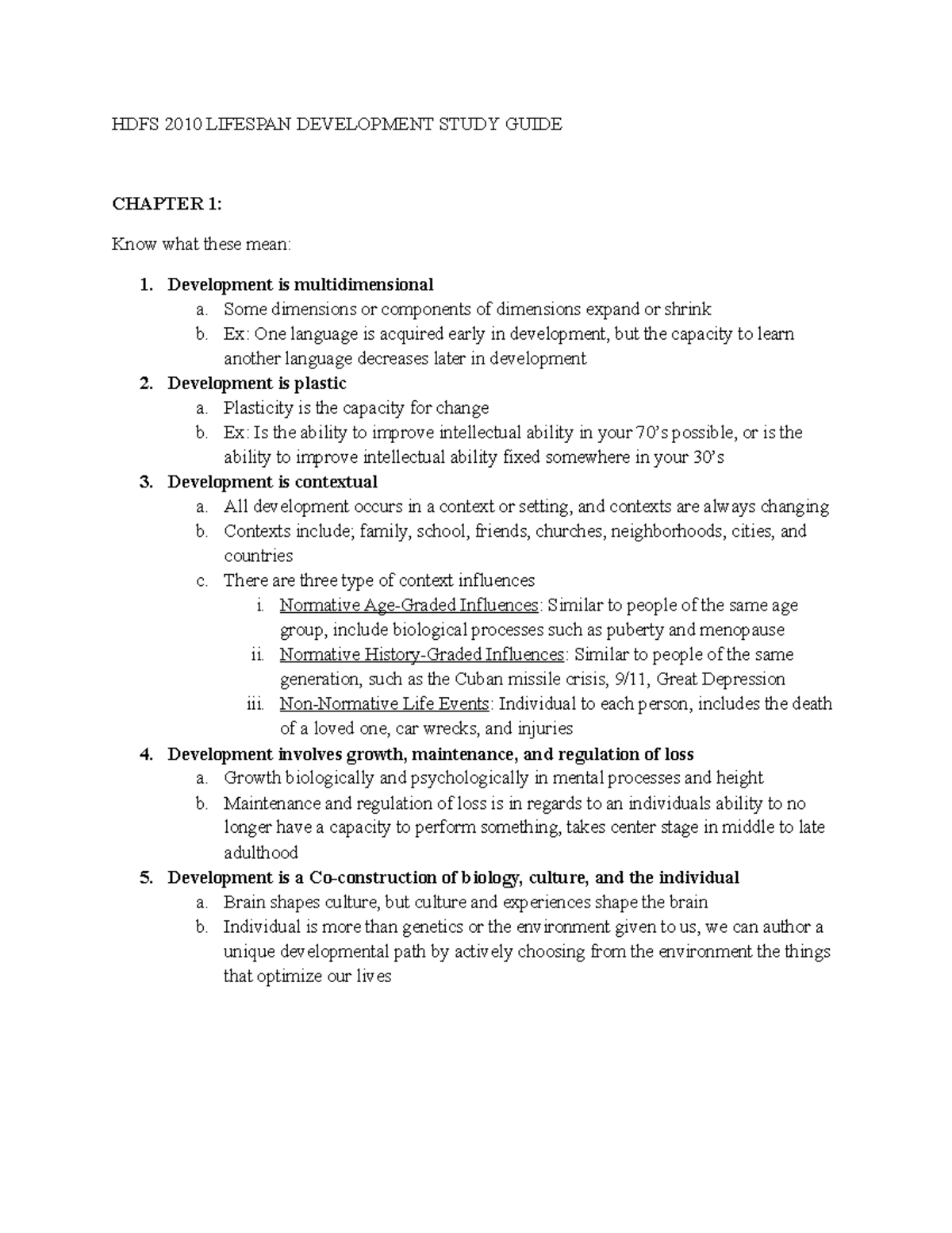 Exam 1 Study Guide (Reading) - HDFS 2010 LIFESPAN DEVELOPMENT STUDY ...