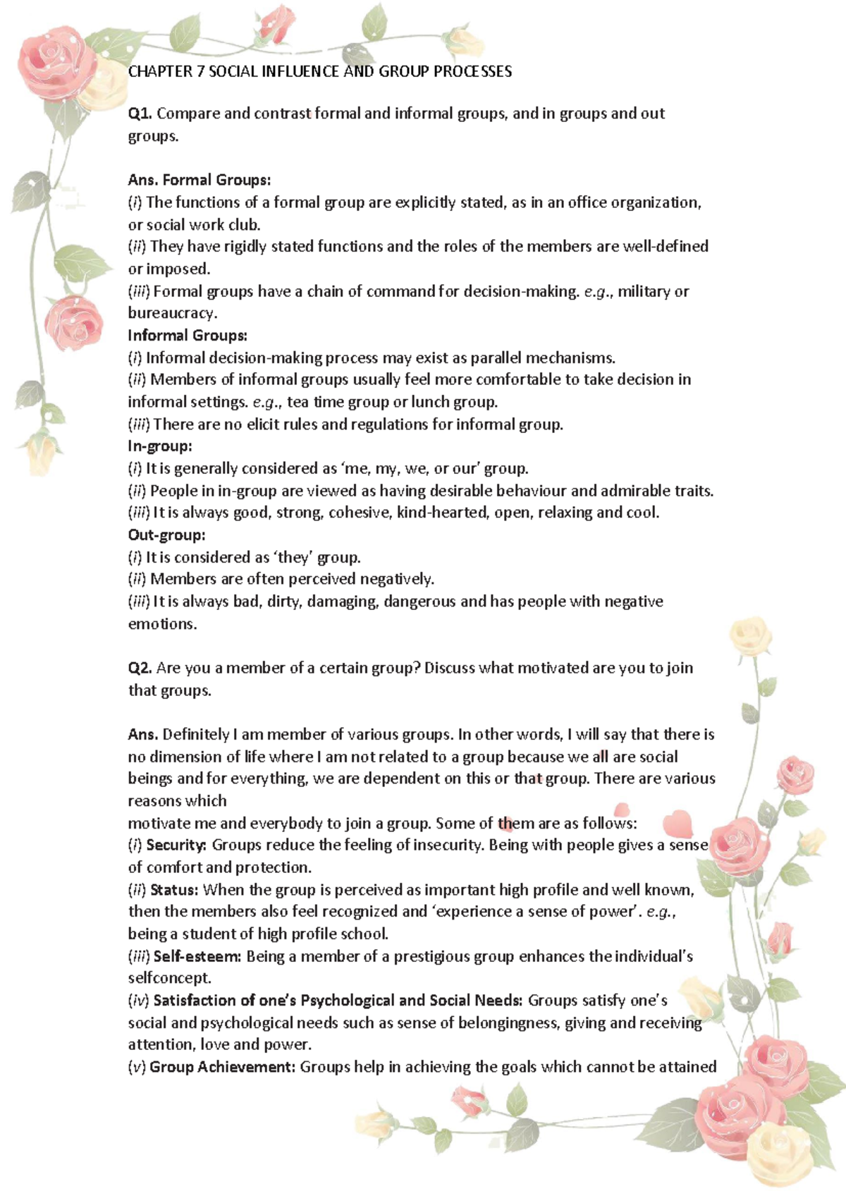 Xii psy ch 7 notes - CHAPTER 7 SOCIAL INFLUENCE AND GROUP PROCESSES Q1 ...