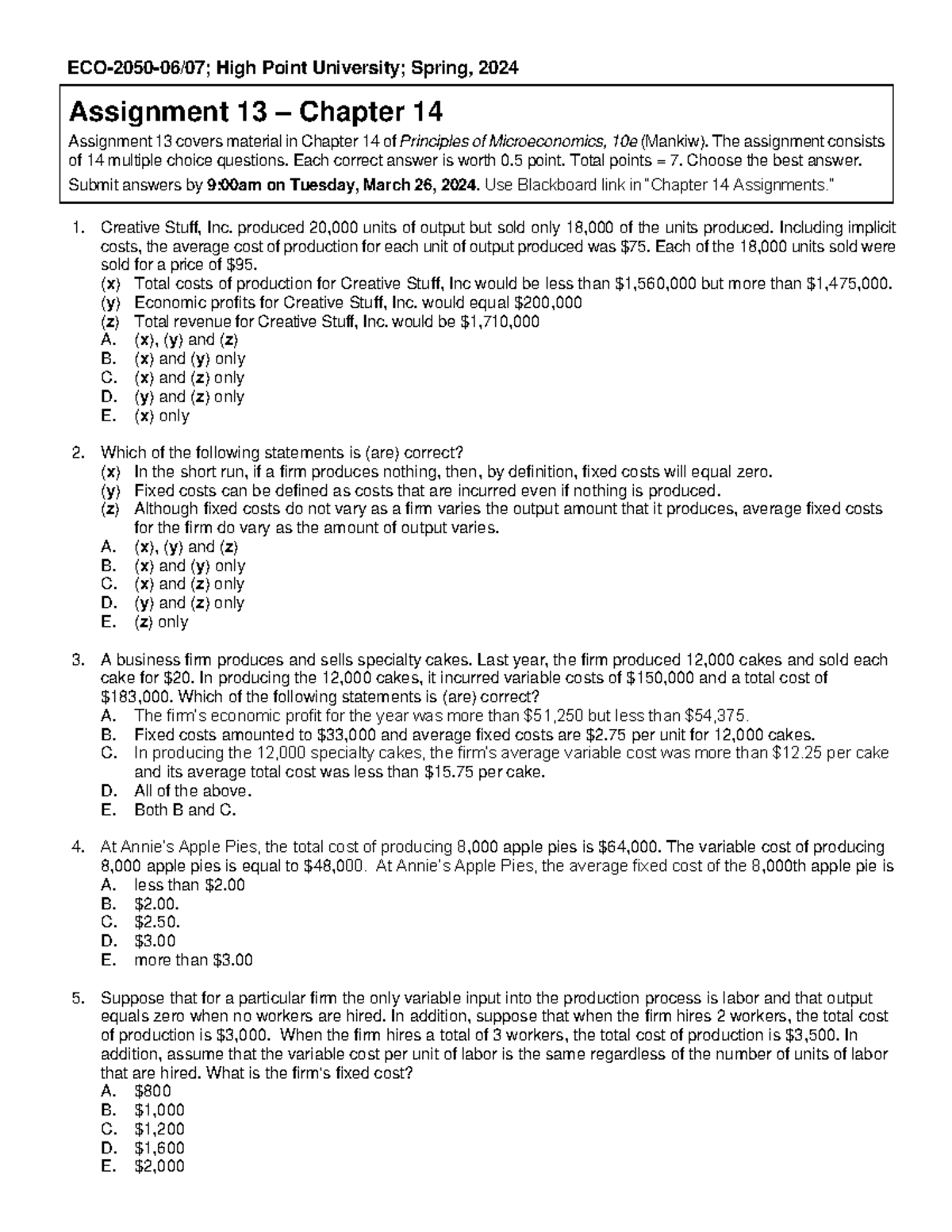 ECO 2050 Assign 13. Ch14 Spring, 2024 ECO 2050 0 6/07; High Point