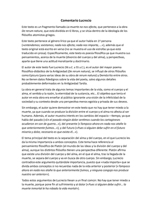 Comentario Lucrecio - Comentario Lucrecio Este texto es un fragmento  llamado La muerte no nos - Studocu