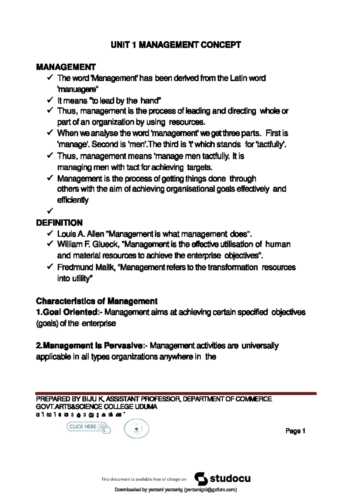 Clsss 12 mgt - management - UNIT 1 MANAGEMENT CONCEPT MANAGEMENT The ...