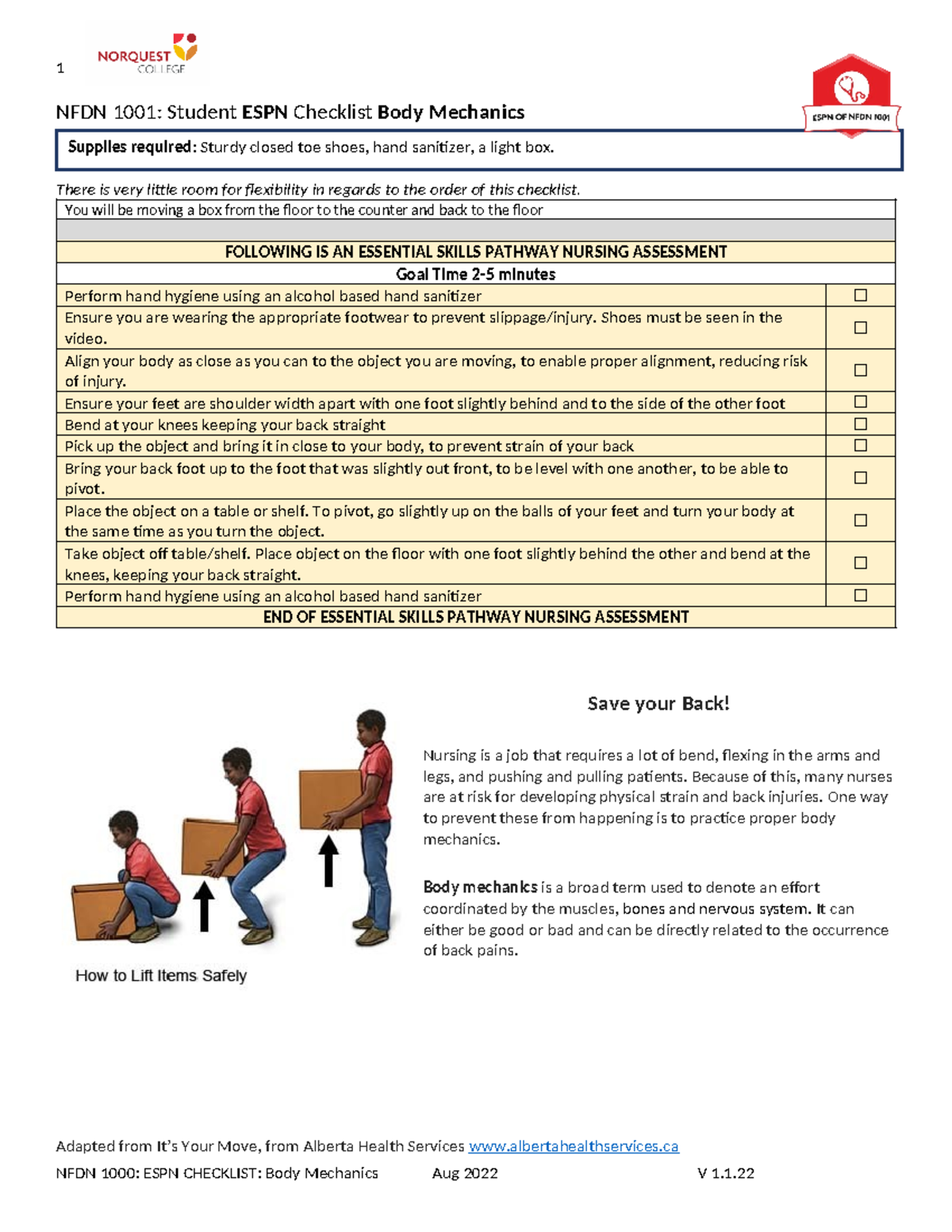 NFDN 1001 Body Mechanics ESPN Checklist - 1 NFDN 1001: Student ESPN ...