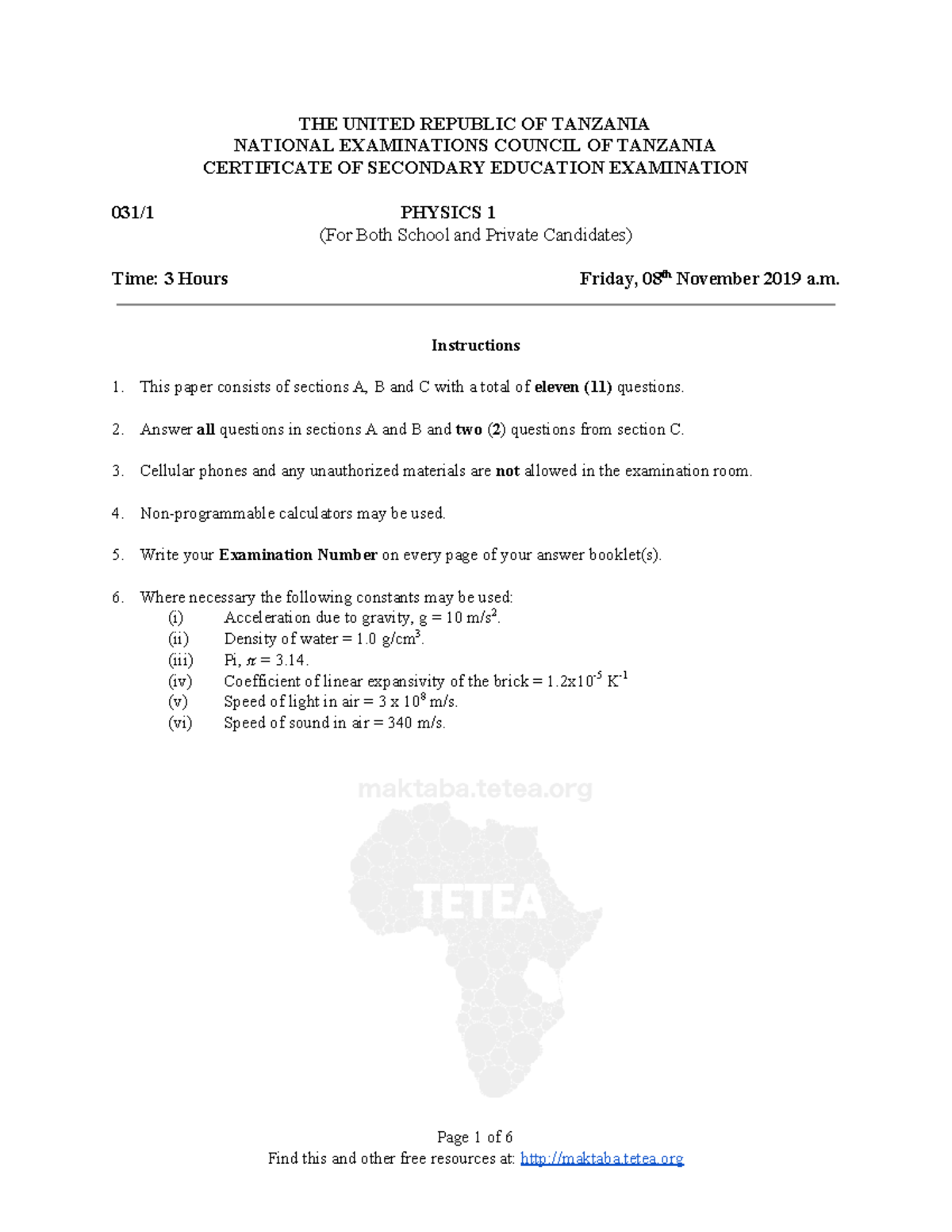 physics-1-f4-2019-the-united-republic-of-tanzania-national