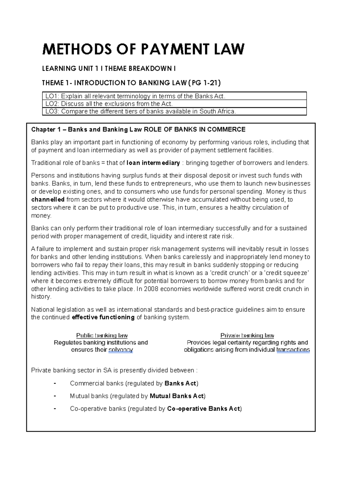 Methods OF Payment LAW Notes LU1 - Chapter 1 – Banks and Banking Law ...