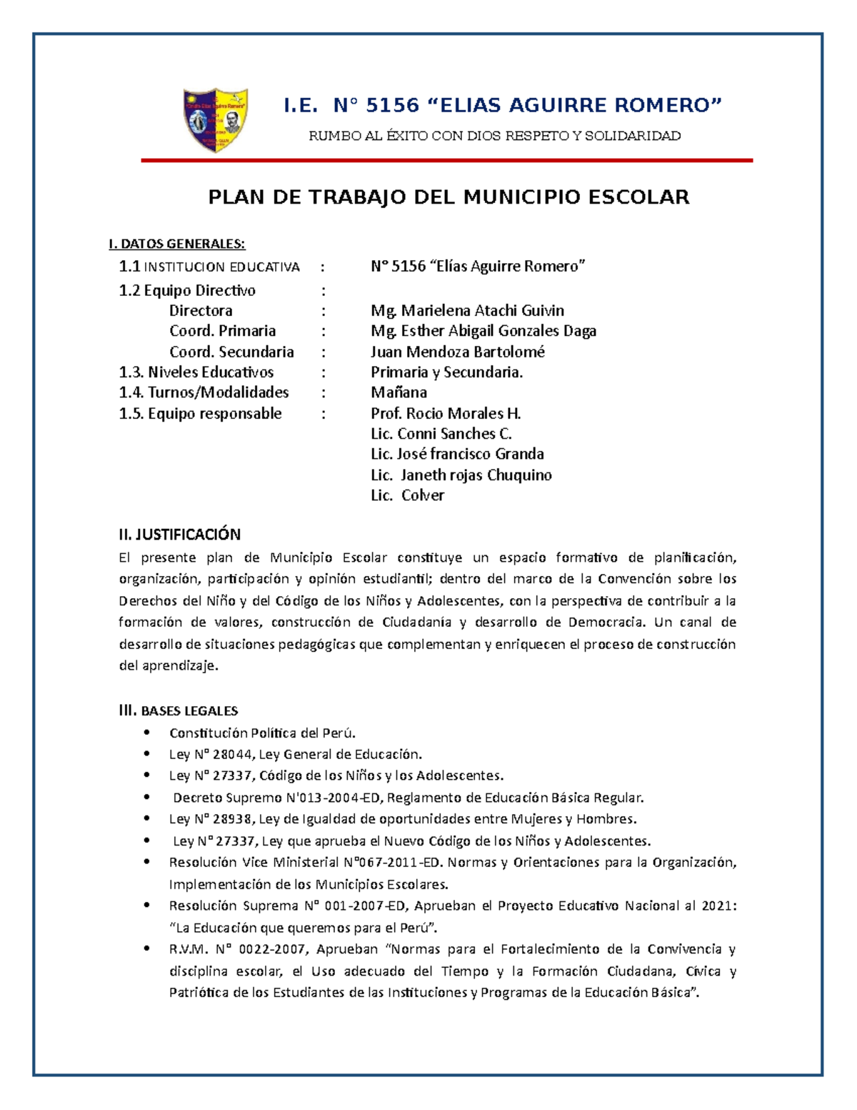 Municipio Escolar - PLAN DE TRABAJO - I. N° 5156 “ELIAS AGUIRRE ROMERO ...