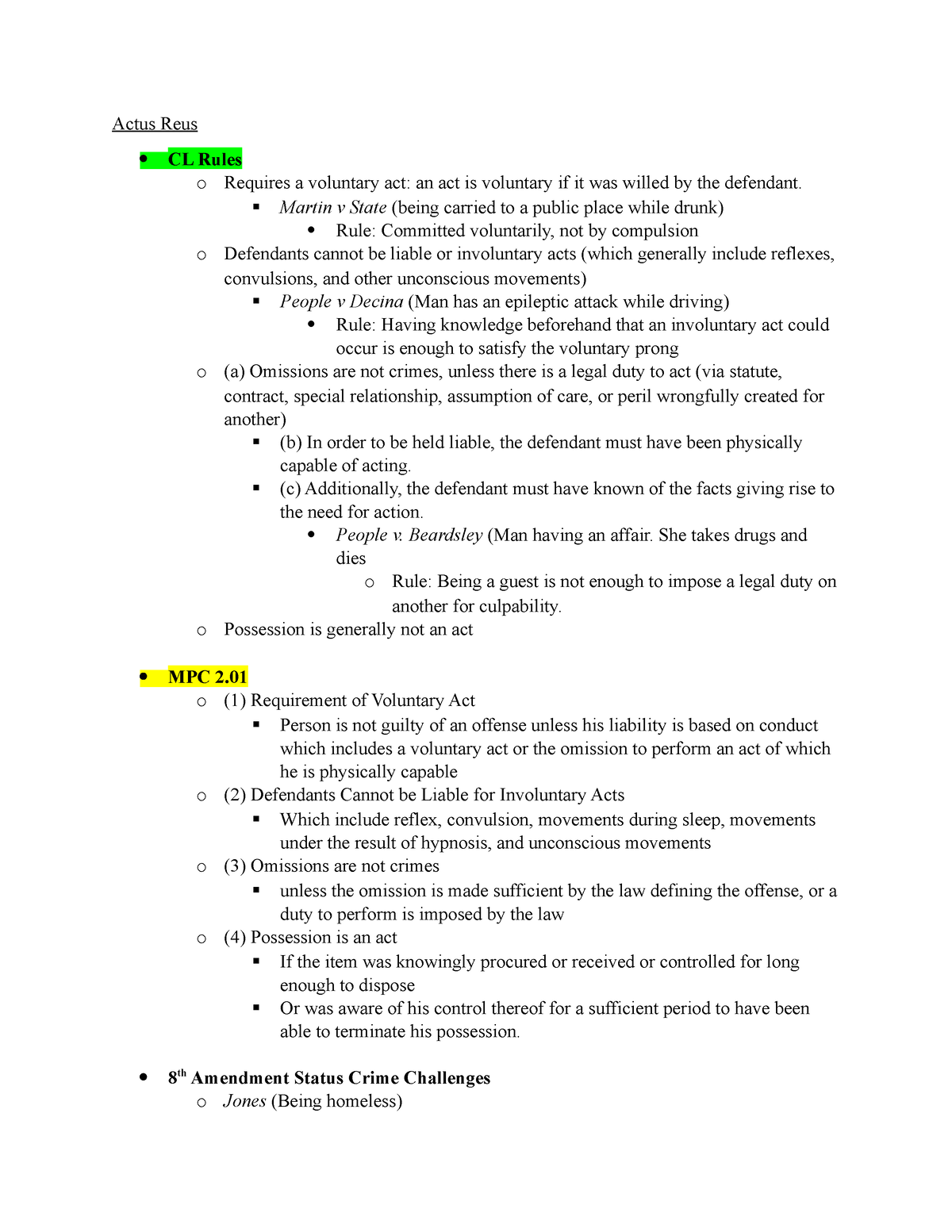 Criminal Law Outline - Law School - Actus Reus CL Rules o Requires a ...