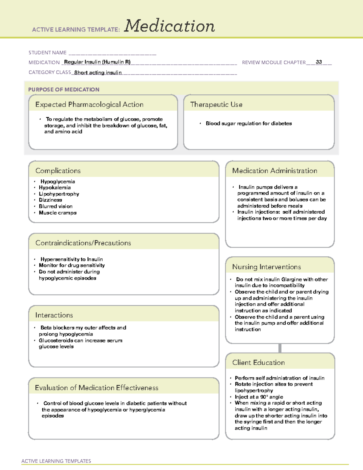 Medication Insulin ACTIVE LEARNING TEMPLATES Medication STUDENT NAME 