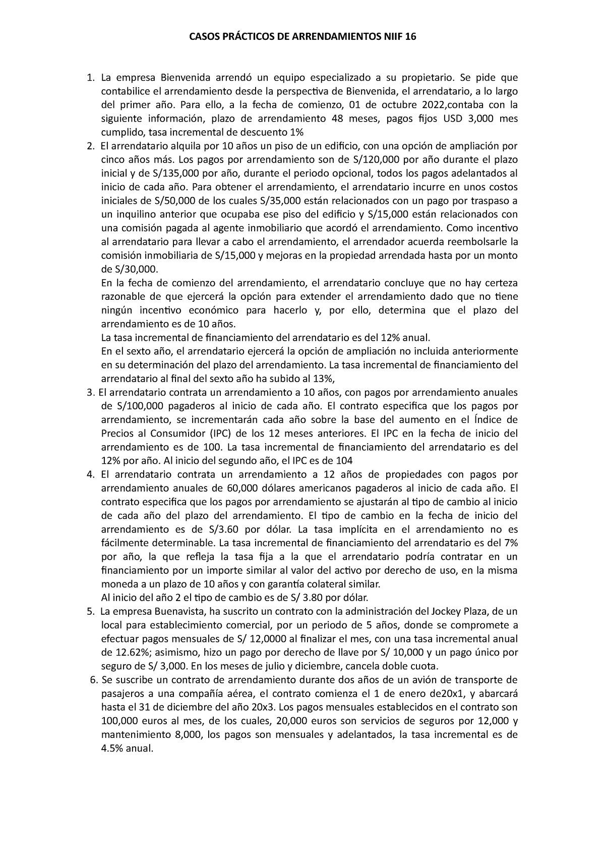 Casos Prácticos Casos PrÁcticos De Arrendamientos Niif 16 La Empresa Bienvenida Arrendó Un 0667