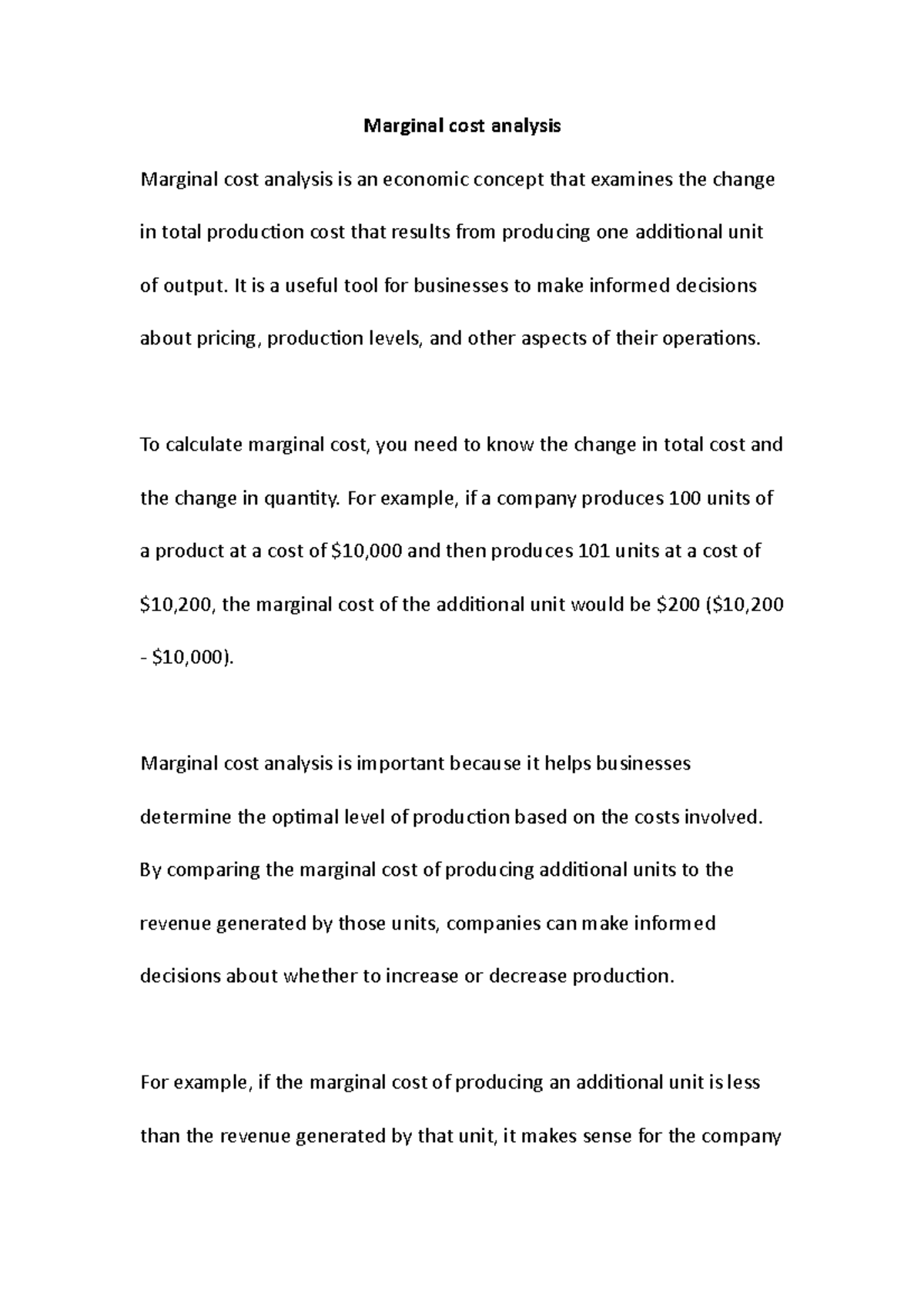 Marginal cost analysis - Marginal cost analysis Marginal cost analysis ...