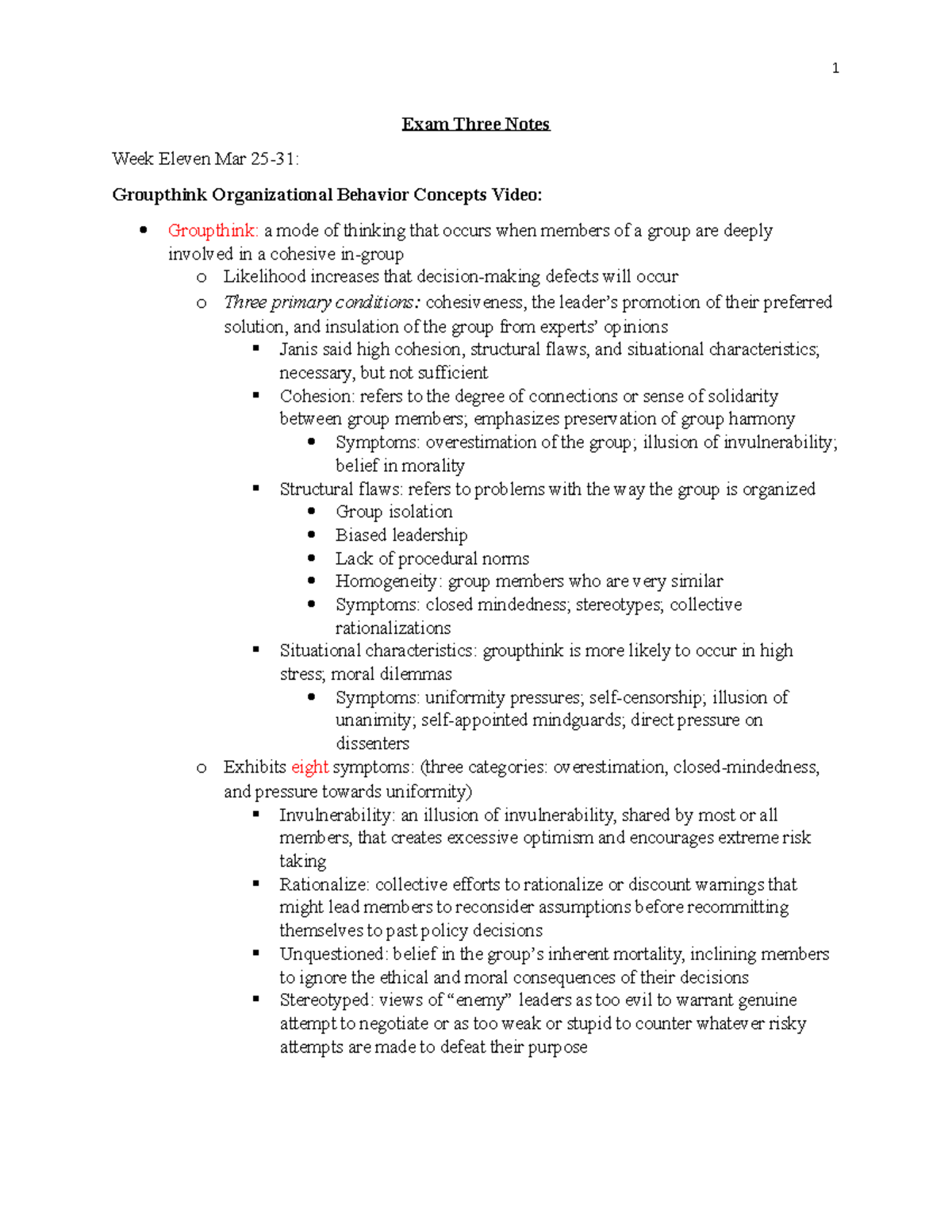 Exam Three Notes - Exam Three Notes Week Eleven Mar 25-31: Groupthink ...