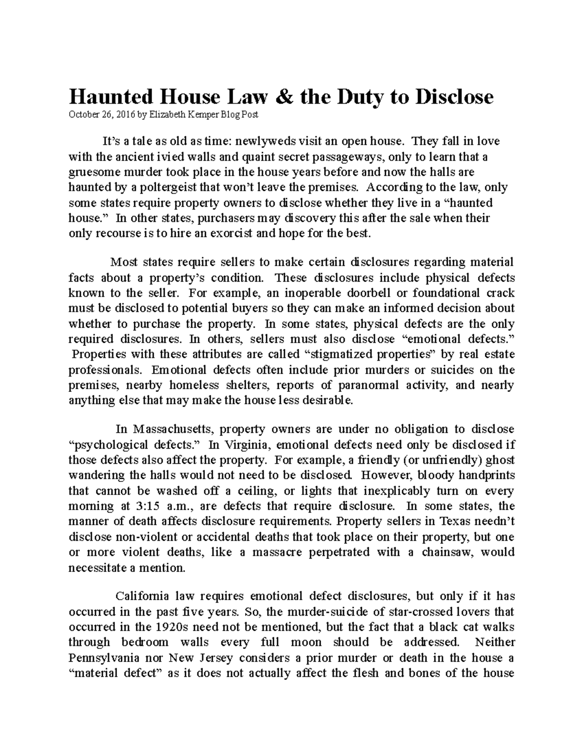 Haunted House Law and the Duty to Disclose - Haunted House Law & the