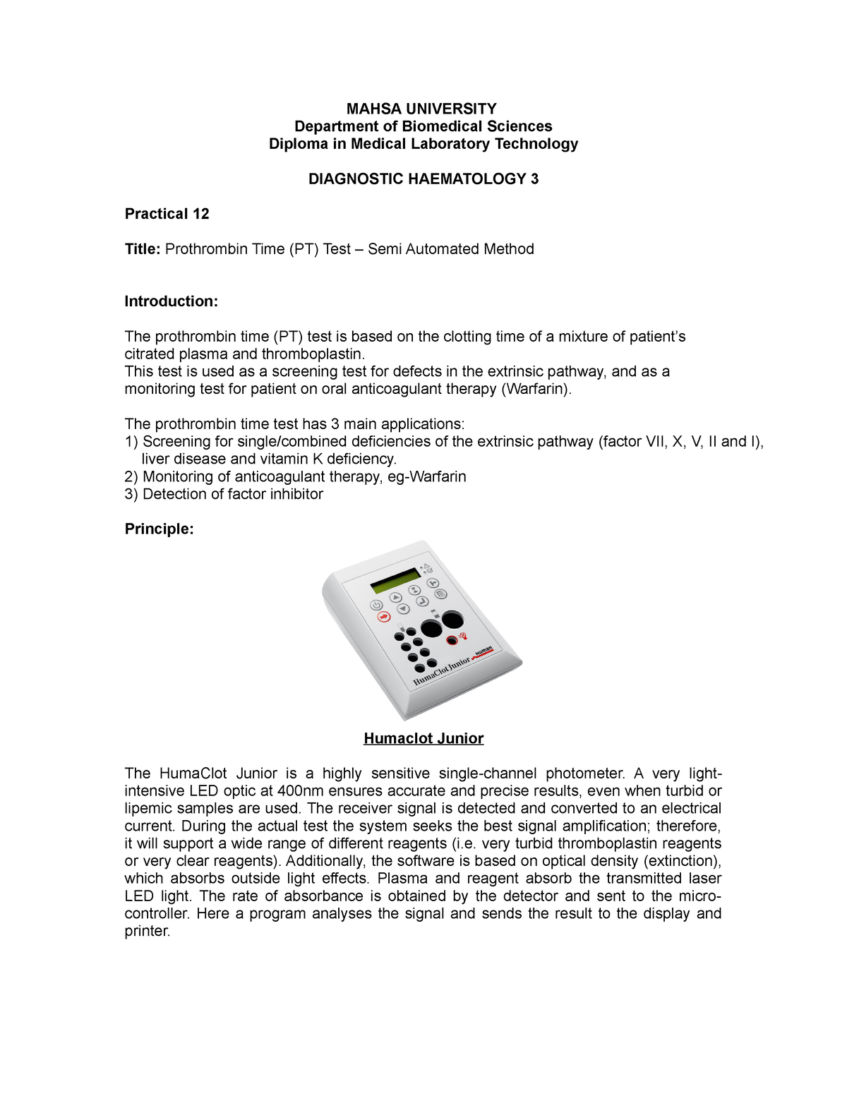 Dhaem 3 - Prac 11 - PT Test (Semi Automated Method) - MAHSA UNIVERSITY ...