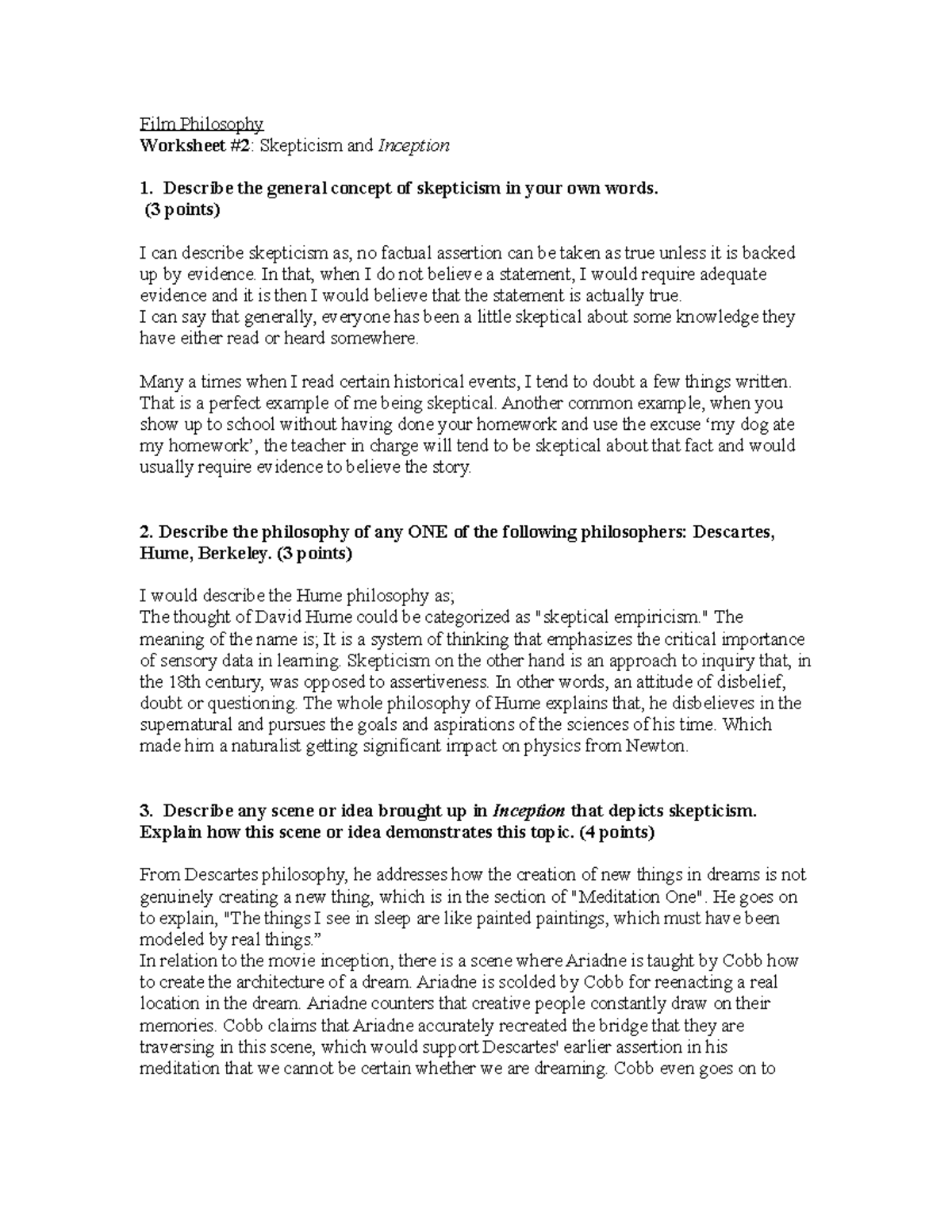 Worksheet #2 - Study materials - Film Philosophy Worksheet #2 ...