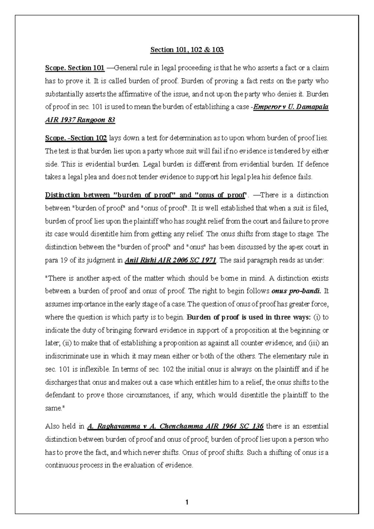 Burden of Proof - notes - Section 101, 102 & 103 Scope. Section 101 ...