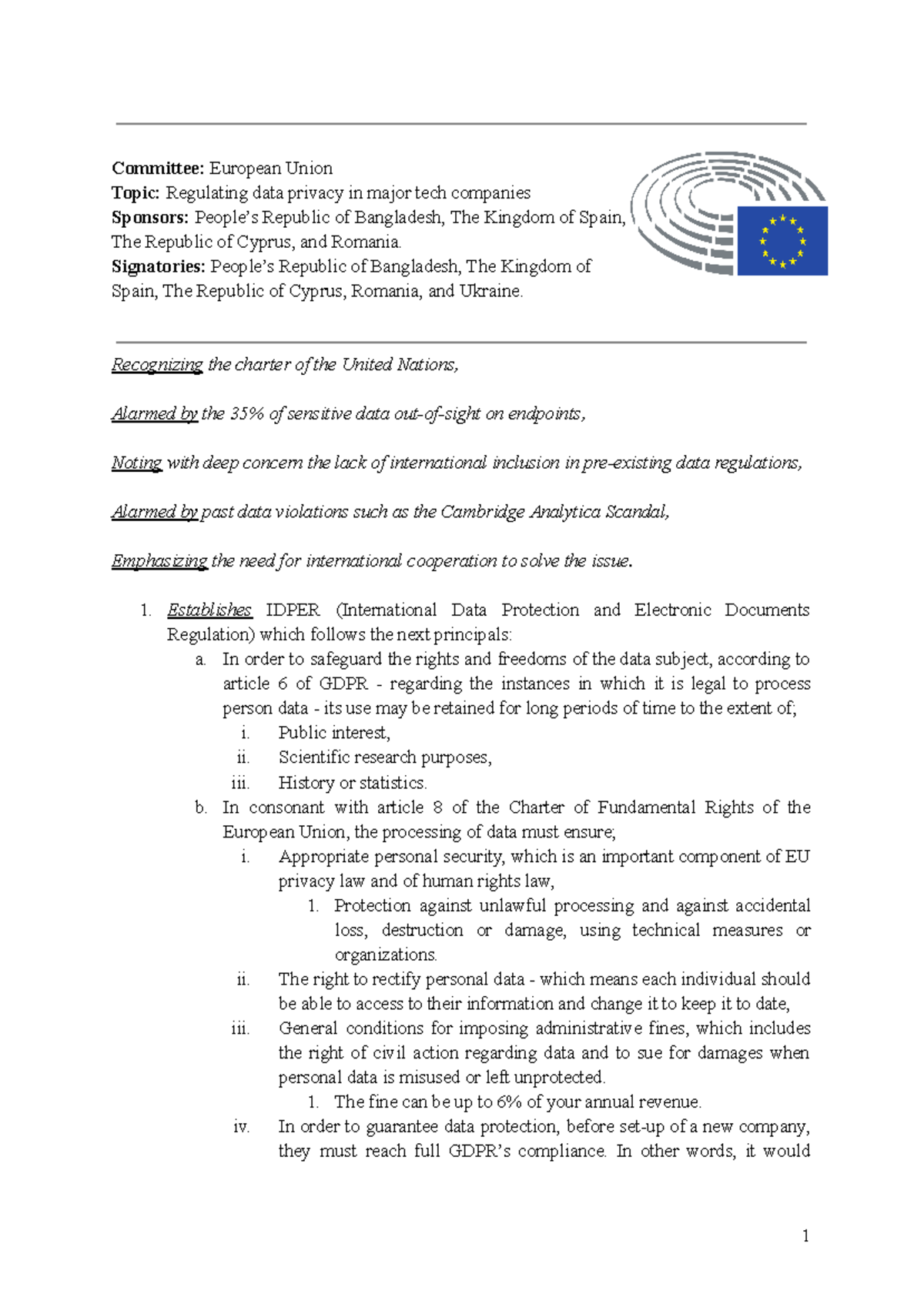 Draft Resolution 2.1 Bcmun Committee European Union Topic