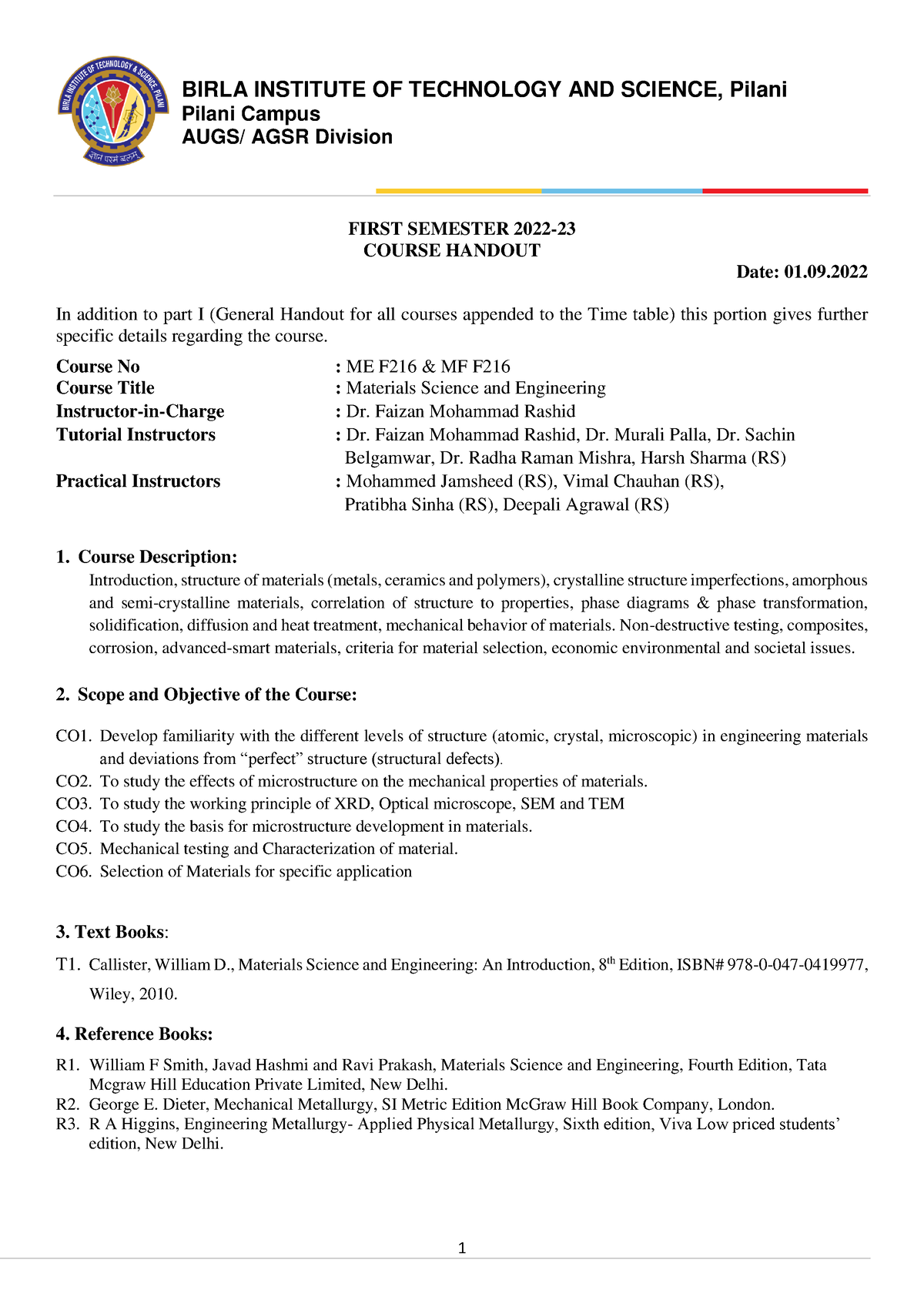 ME F216 MF F216 Handout - Pilani Campus AUGS/ AGSR Division FIRST ...