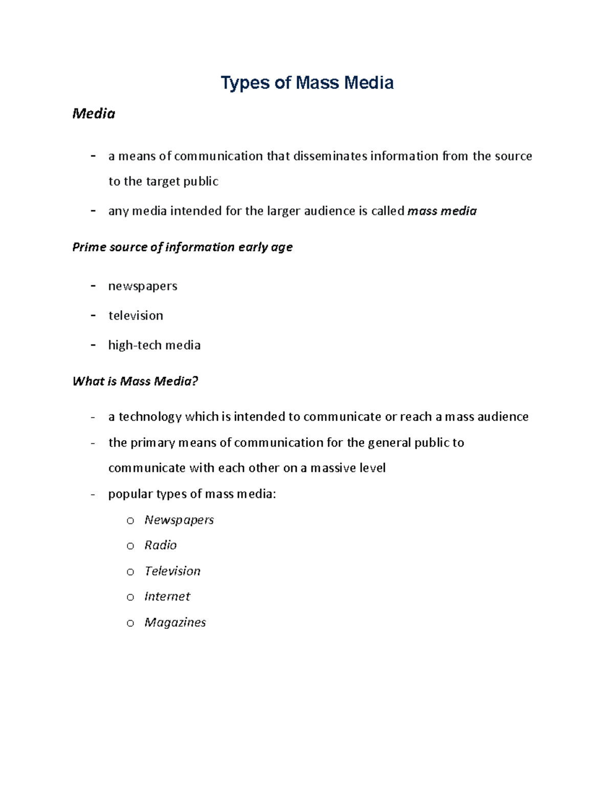 Types And Characteristics Of Mass Media Types Of Mass Media Media A 