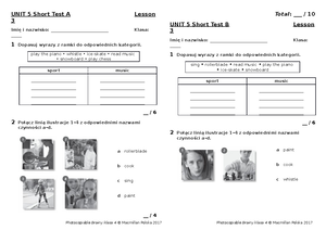 Brainy Kl4 Short Tests Unit 5 Lesson 6 - UNIT 5 Short Test A Lesson 6 ...