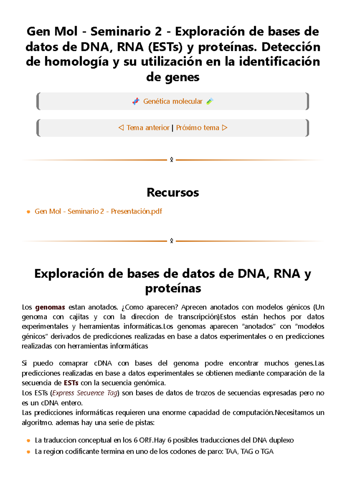 Gen Mol - Seminario 2 - Exploración de bases de datos de DNA, RNA (ESTs ...