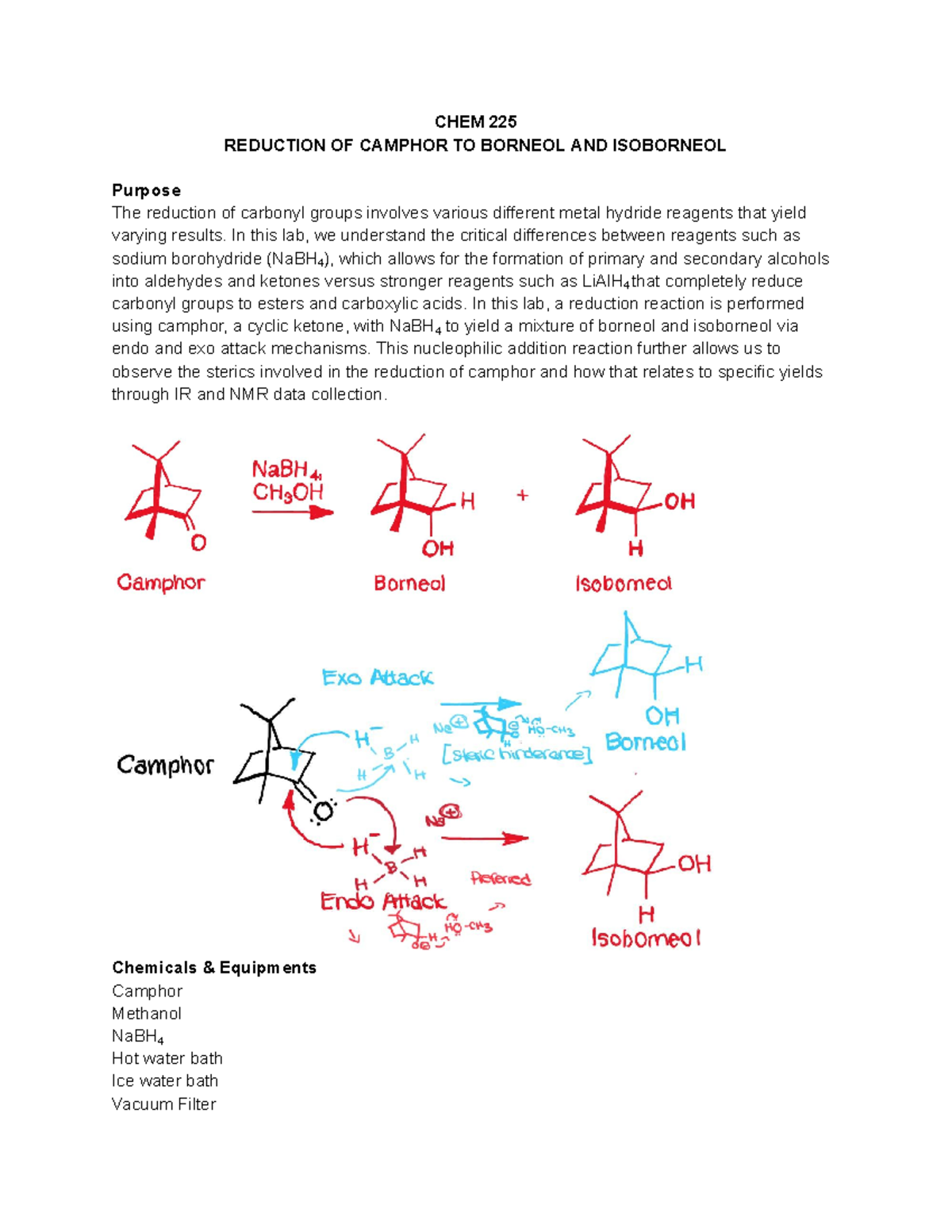 Copy of CHEM 225 Lab 1 Organic Chemistry 2 Lab 1 discussing reduction