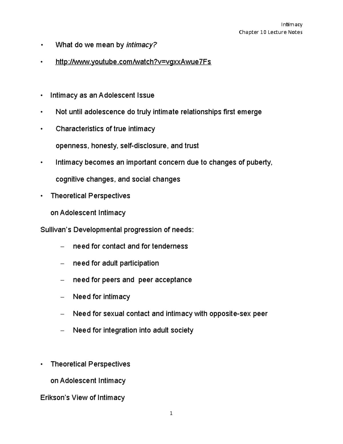 2021 Adolescent Psychology Lecture Notes CH 10 Intimacy What