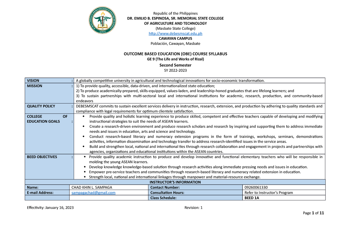 2022 Rizal-Syllabus BSED New-Template - Republic Of The Philippines DR ...