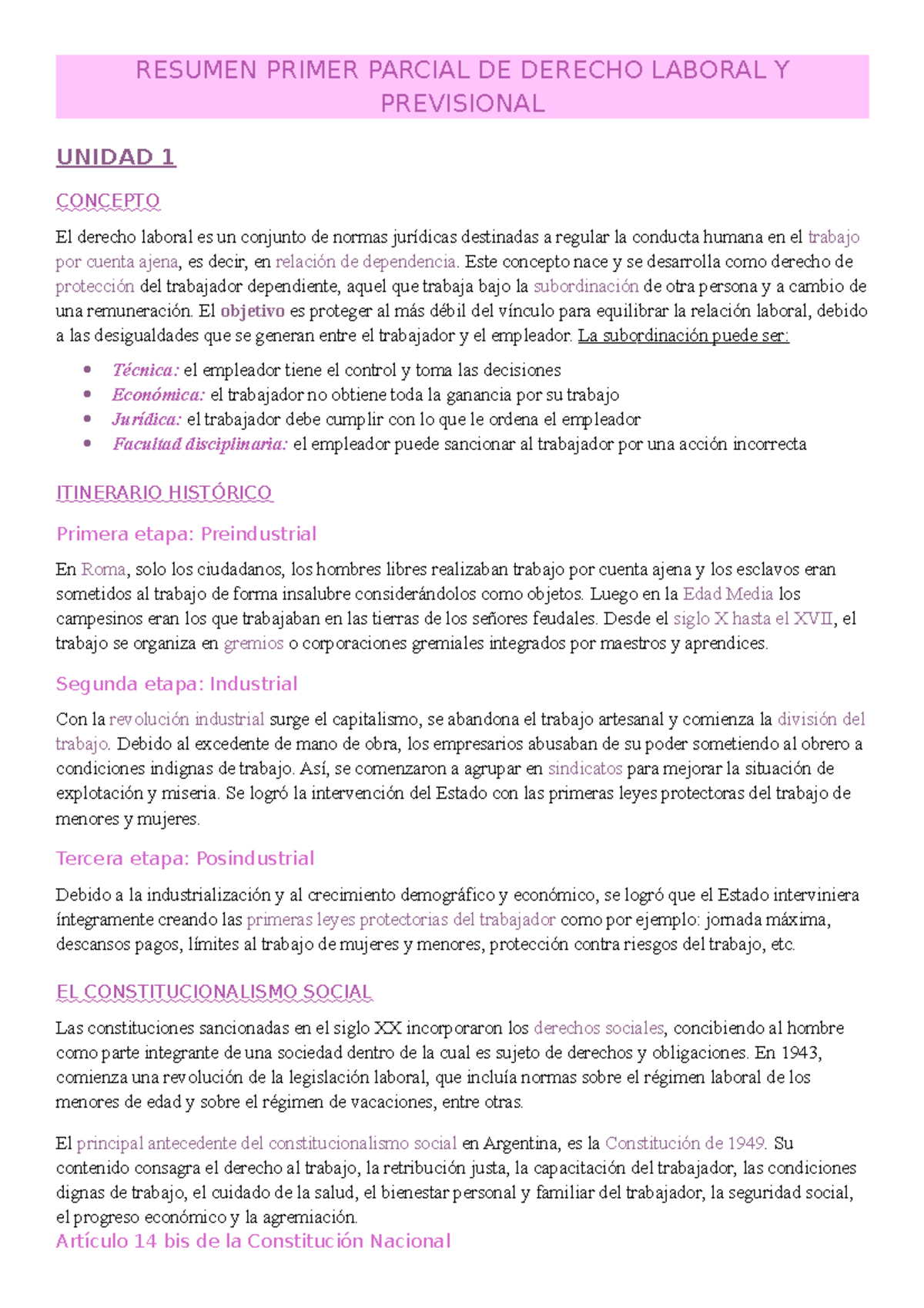 Resumen Primer Parcial DE Derecho Laboral Y Previsional - RESUMEN ...