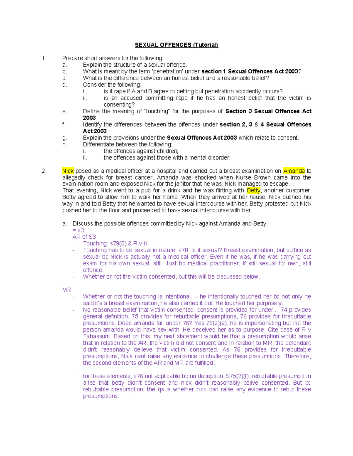 Sexual Offences - SEXUAL OFFENCES (Tutorial) Prepare short answers for ...