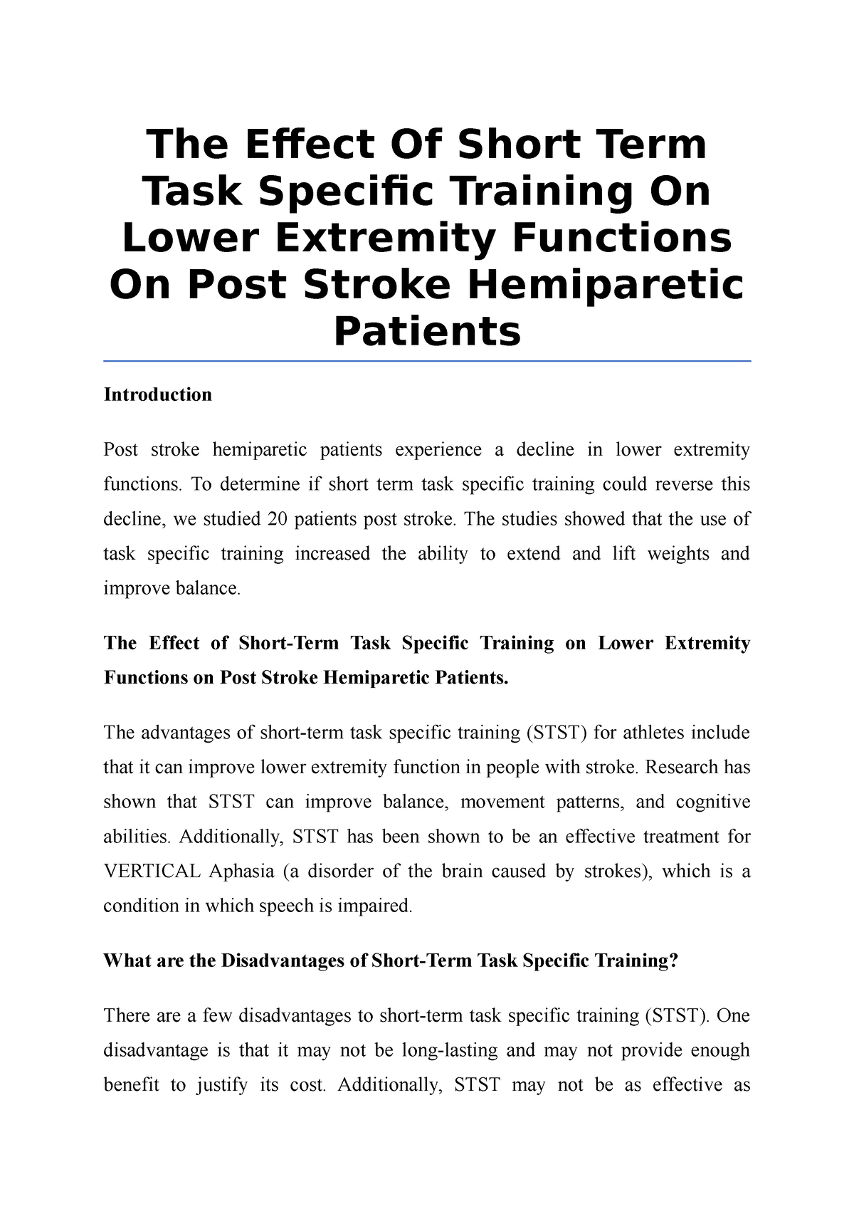 The Effect Of Short Term Task Specific Training On Lower Extremity 