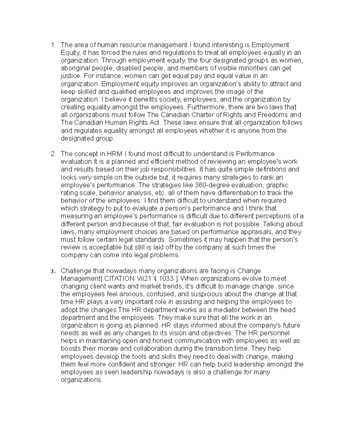 HRM individual reflection - The area of human resource management I ...