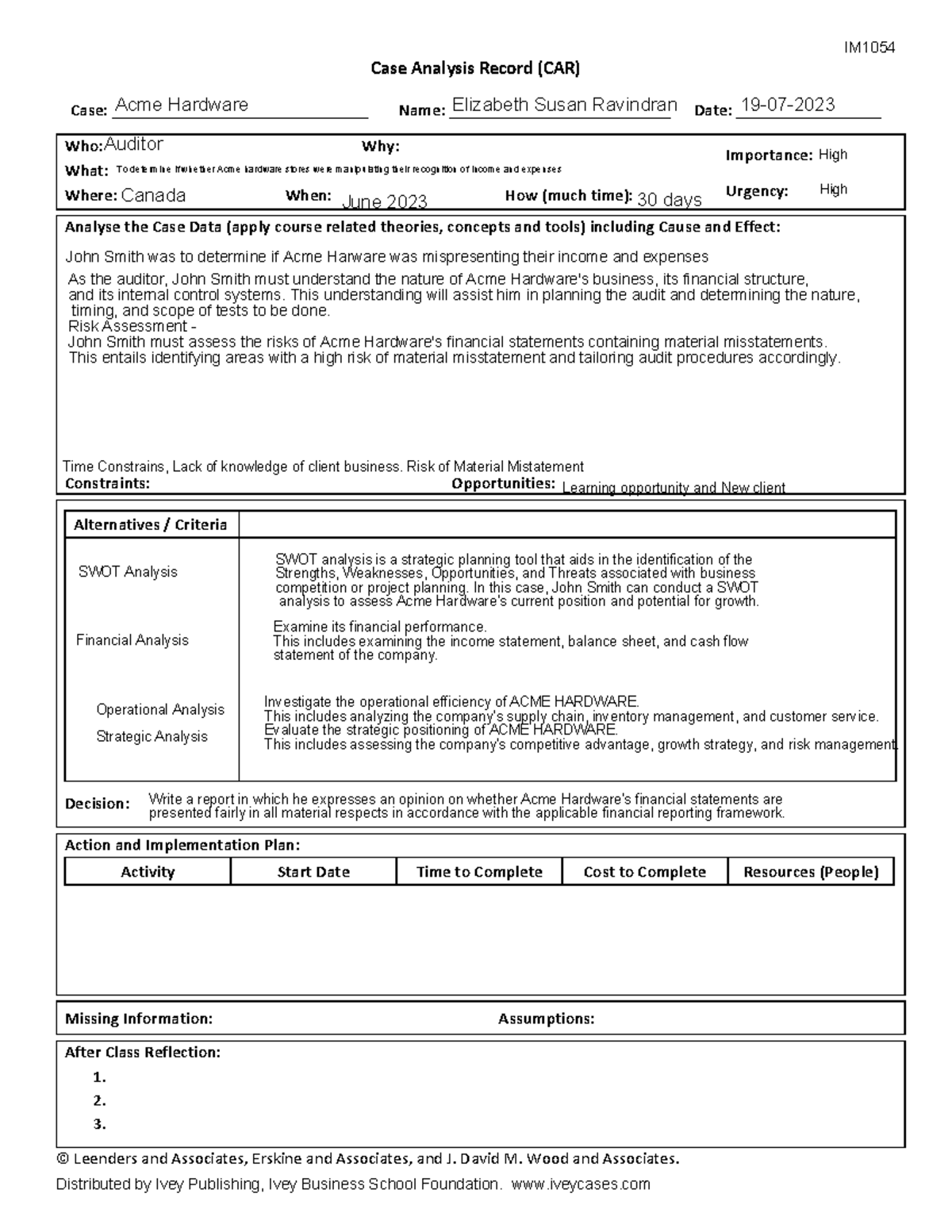 Acme Hardware Case analysis record - Elizabeth Susan Ravindran - Case ...