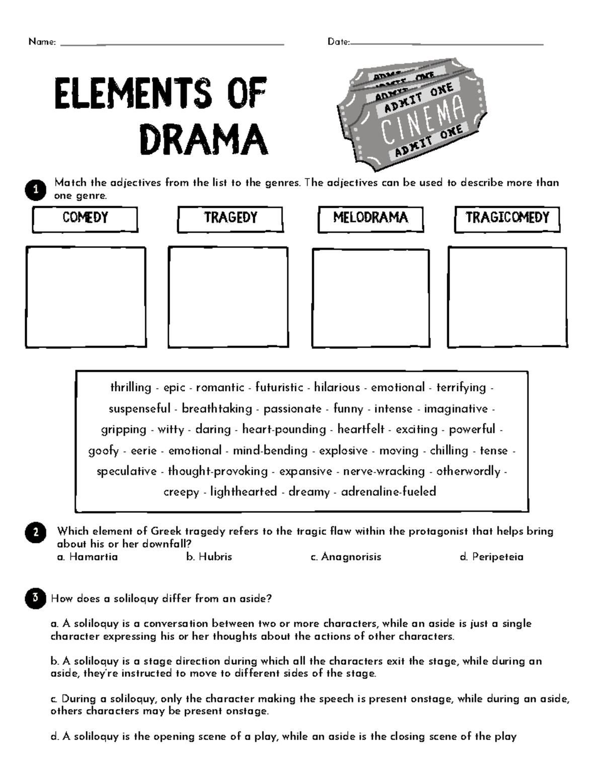 Elementsof Drama Worksheet-1 - Name: Date: COMEDY TRAGEDY MELODRAMA ...