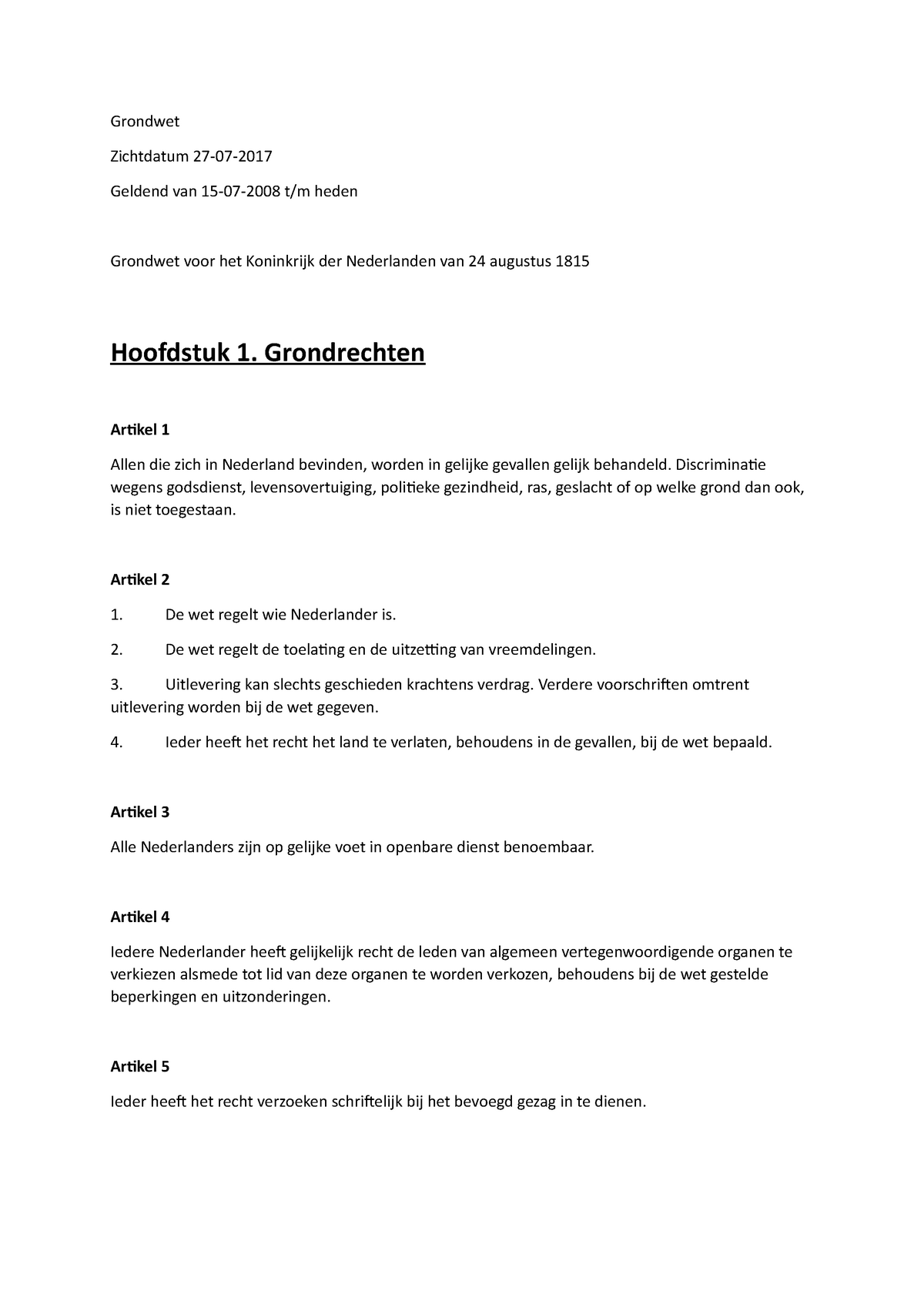 Nederlandse Grondwet - Grondwet Zichtdatum 27-07- Geldend Van 15-07 ...