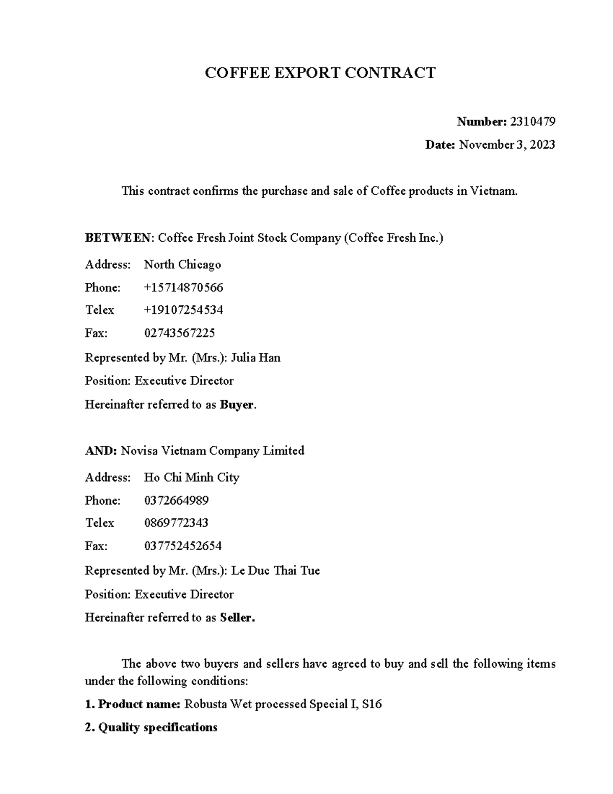 Coffee Export Contract COFFEE EXPORT CONTRACT Number 2310479 Date