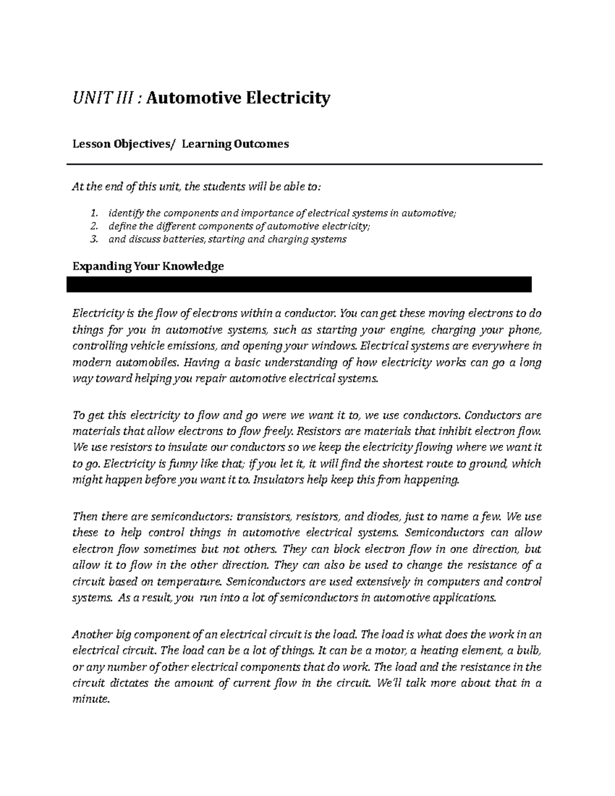 UNIT III automitive electricity MOOC UNIT III Automotive