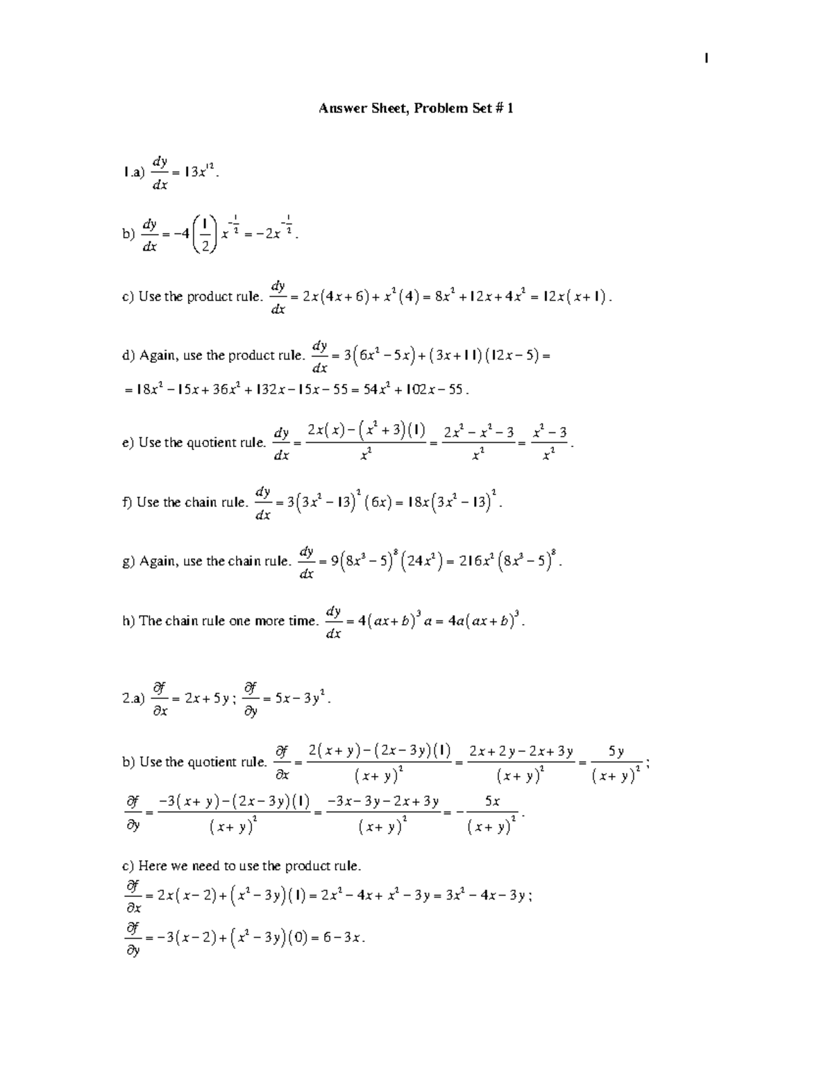 Solutions Problem Set 1 - Answer Sheet, Problem Set # 1 12 13 dy x dx ...