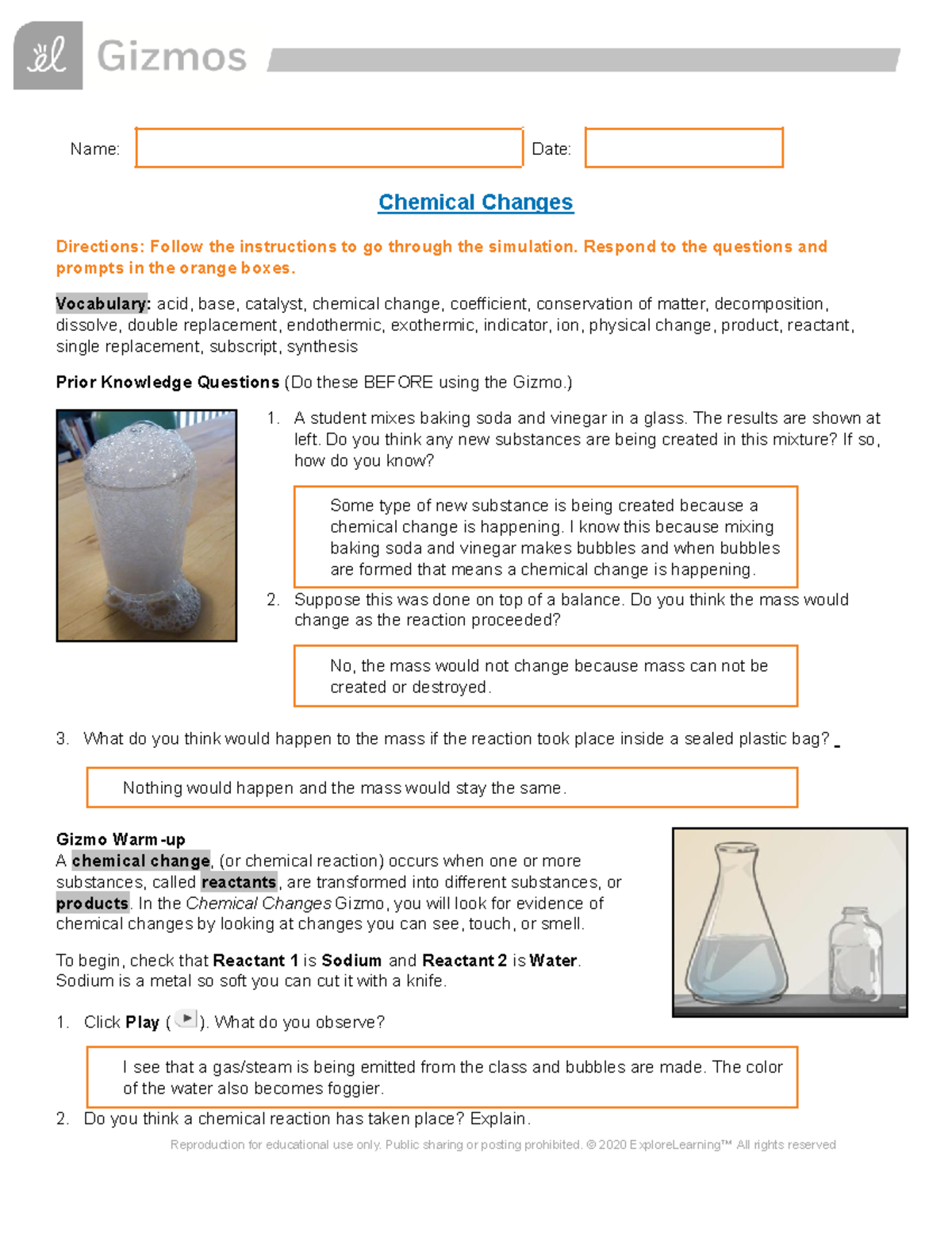 Chemical Changes Gizmo Answers Name Date Chemical Changes