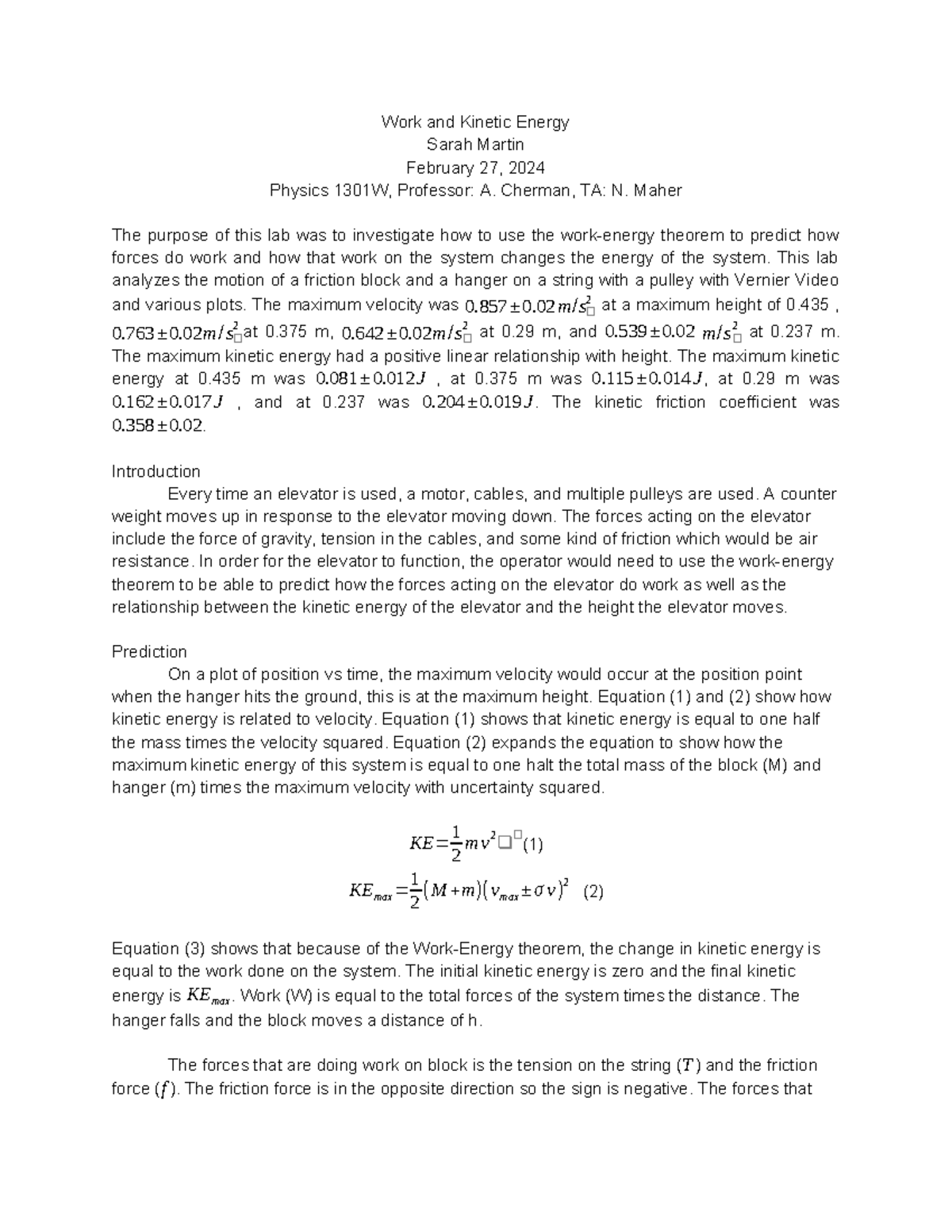 Work and Kinetic Energy Lab report - Work and Kinetic Energy Sarah ...