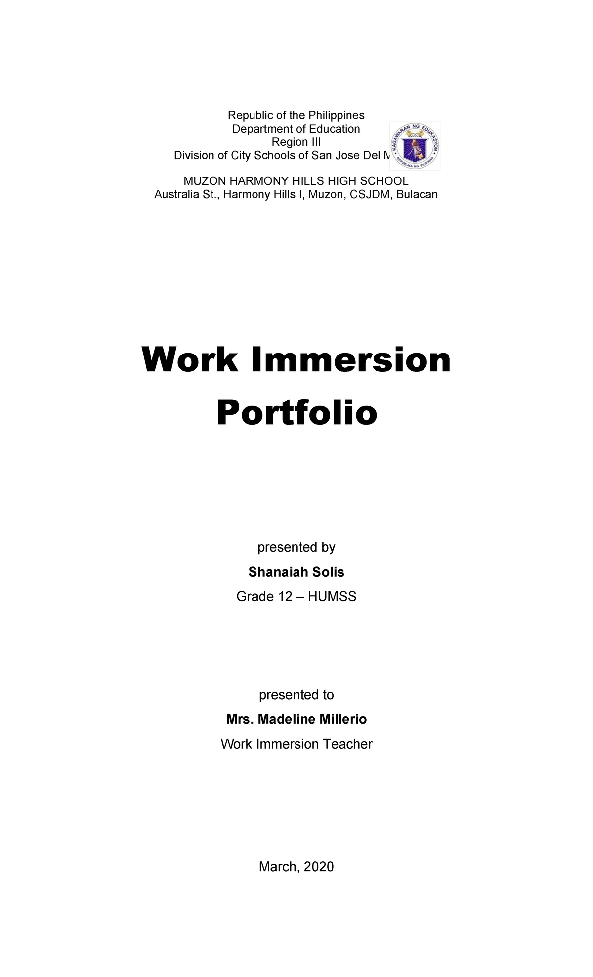 Work Immersion Portfolio - Work Immersion Portfolio presented by ...